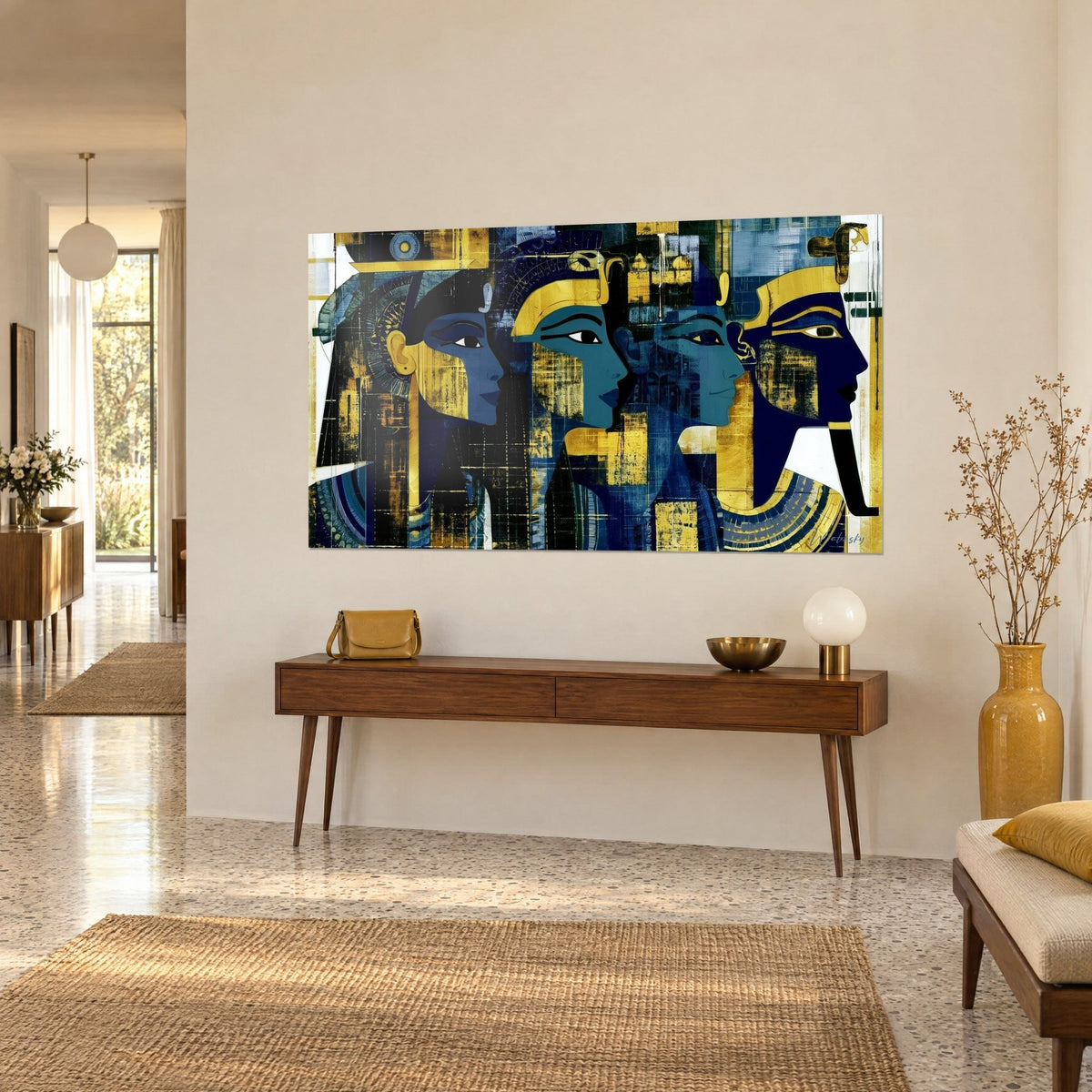 Wall art four Egyptian royal faces with turquoise and indigo features, flat gold highlights, on a beige wall beside a wooden console