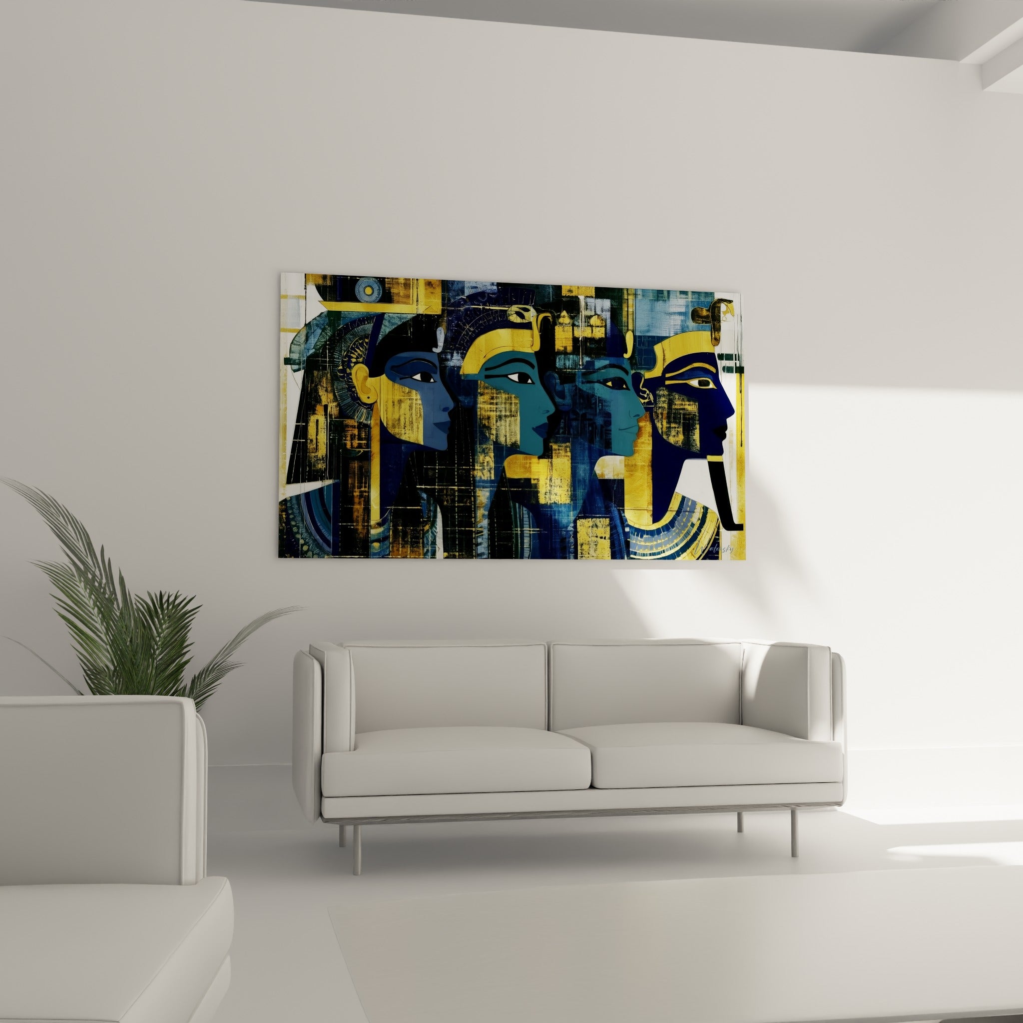 Profils pharaoniques bleu marine et or au-dessus d'un canapé dans un salon lumineux