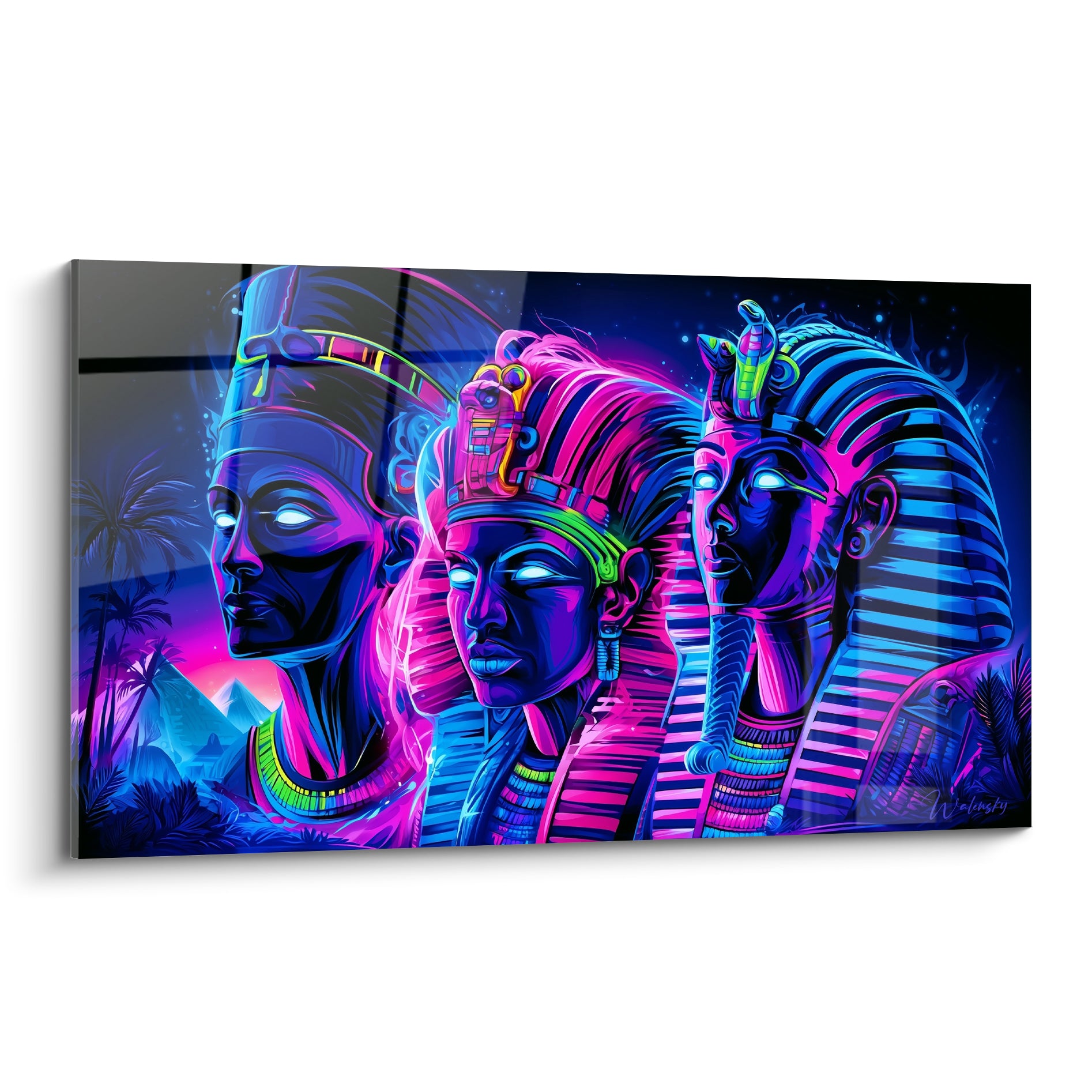 Trois pharaons égyptiens en profil, bleu marine et rose fuchsia, style néon lumineux intense