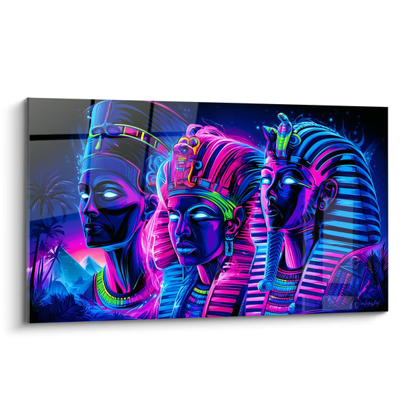 Tableau Trois pharaons violets et bleus fluorescents alignés - Yeux blancs lumineux - Edition egypte