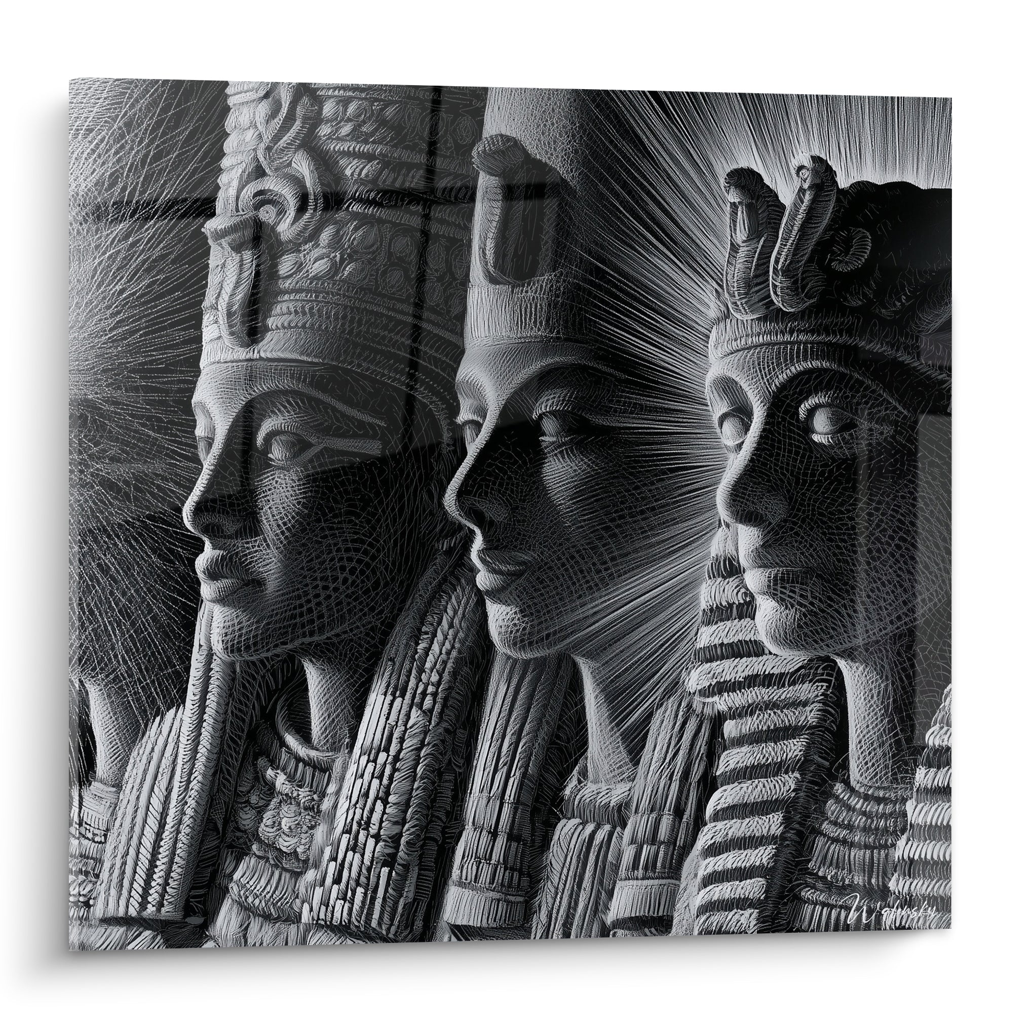 Pharaons égypte gravés en noir profond et blanc lumineux, trois profils sculptés en cascade