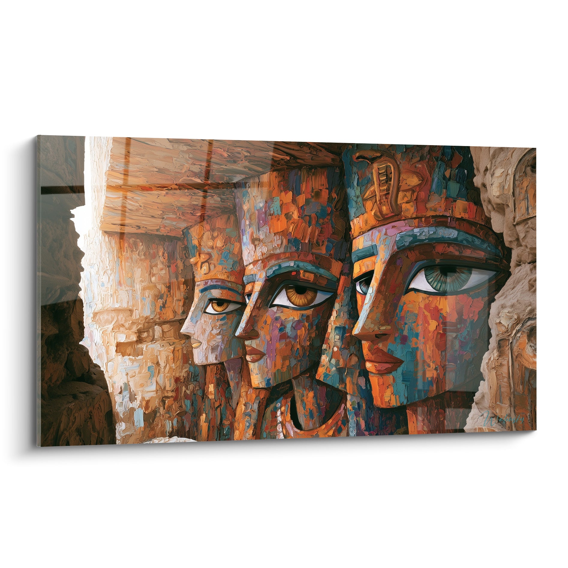 Trois profils pharaoniques ocre et bleu turquoise, texture façon fresque sculptée sur pierre ancienne