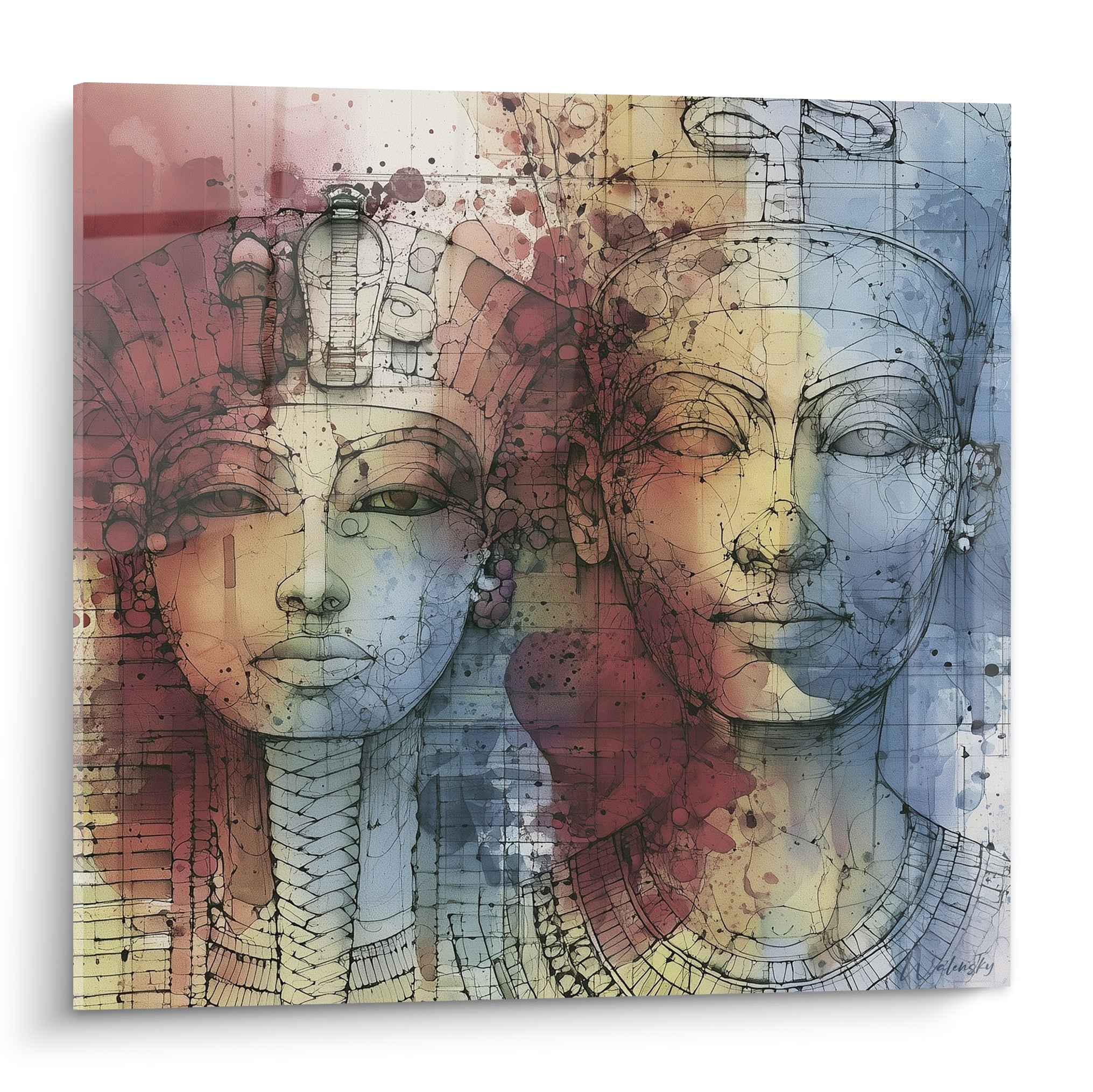 Deux pharaons égyptiens esquissés en ocre, bleu marine et bordeaux sur fond éclaboussé