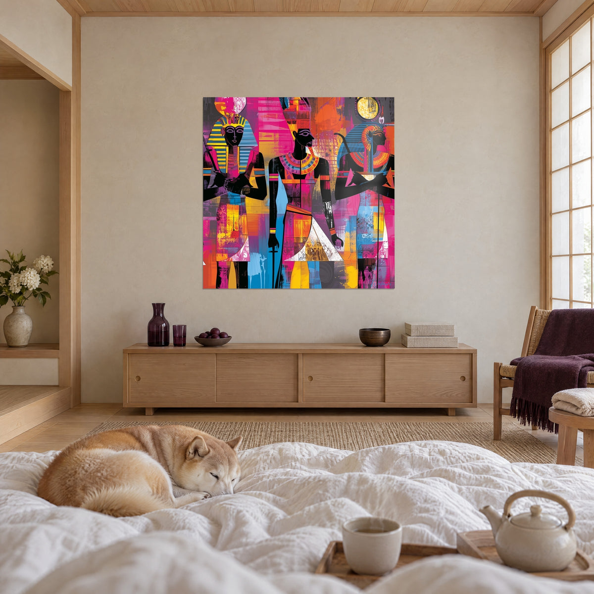 Cuadro soberanos del antiguo Egipto, planos magenta y amarillo azafrán, pareja de espaldas y Shiba encima de una cama en un dormitorio luminoso