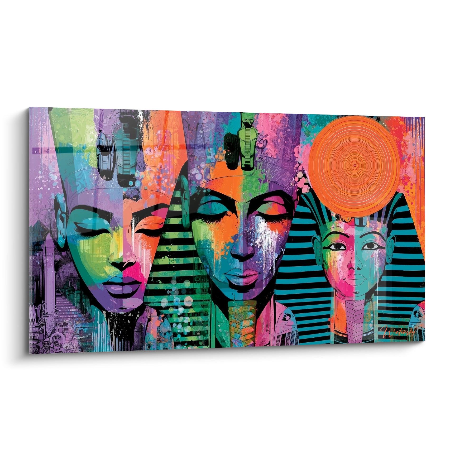 Trois pharaons égyptiens aux yeux clos, violet, turquoise et orange, coiffes rayées noires