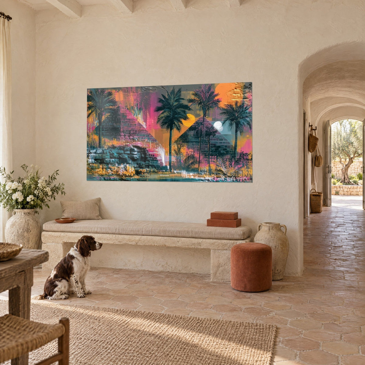 Wall art Egyptian oasis with brick pyramids, dark palm trees and a rosy orange sky, spaniel sitting in a Provençal farmhouse
