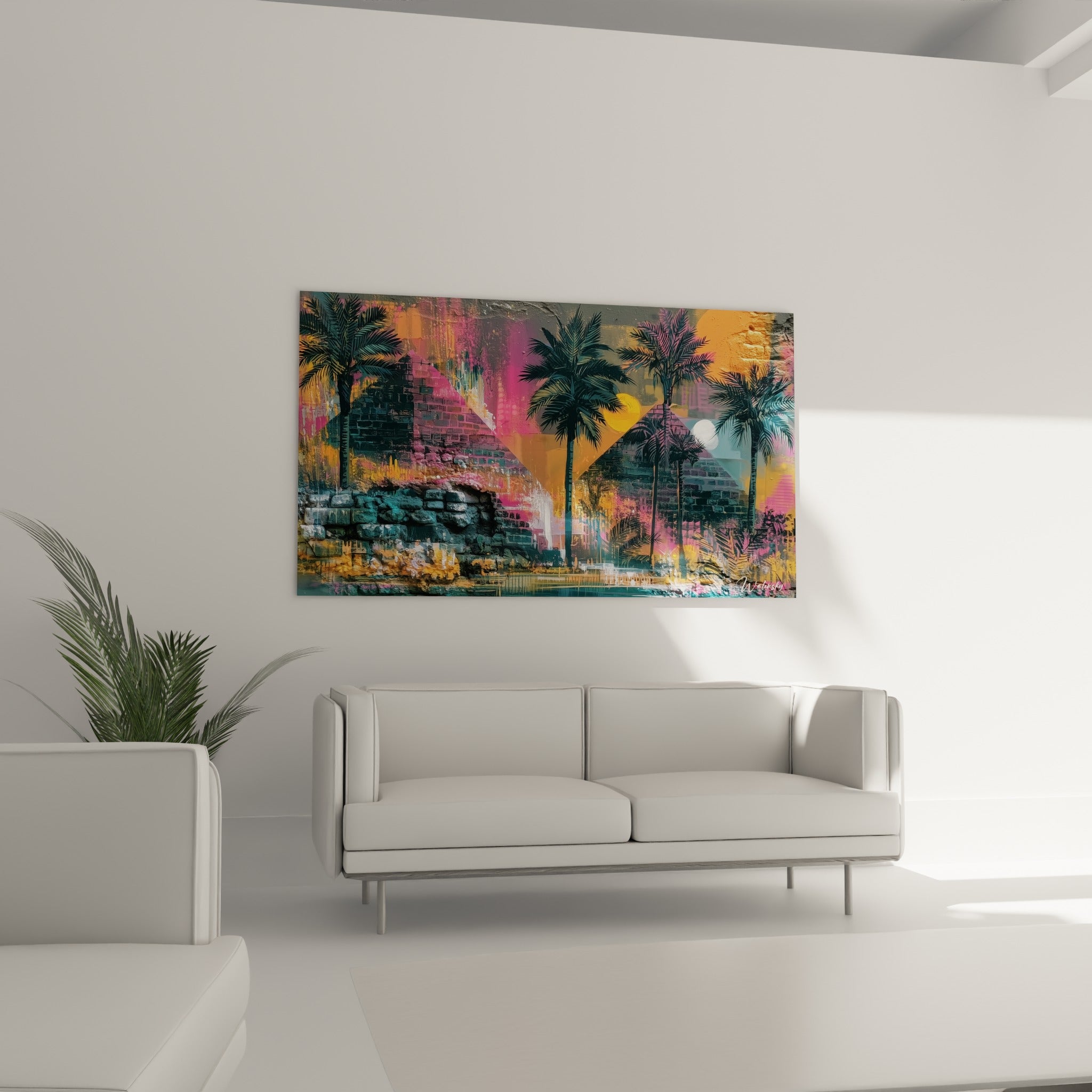 Coucher de soleil égypte rose et orange sur pyramides au-dessus d'un canapé dans un salon lumineux