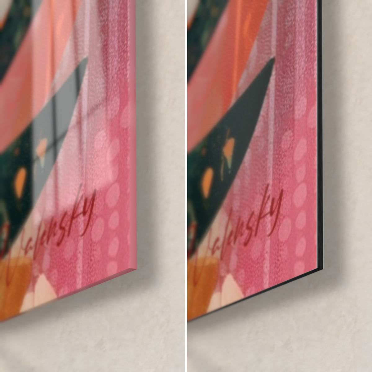 Wall art divine bird in black and pink, bottom right corner: glossy acrylic glass with reflections on the left, matte Dibond aluminum on the right