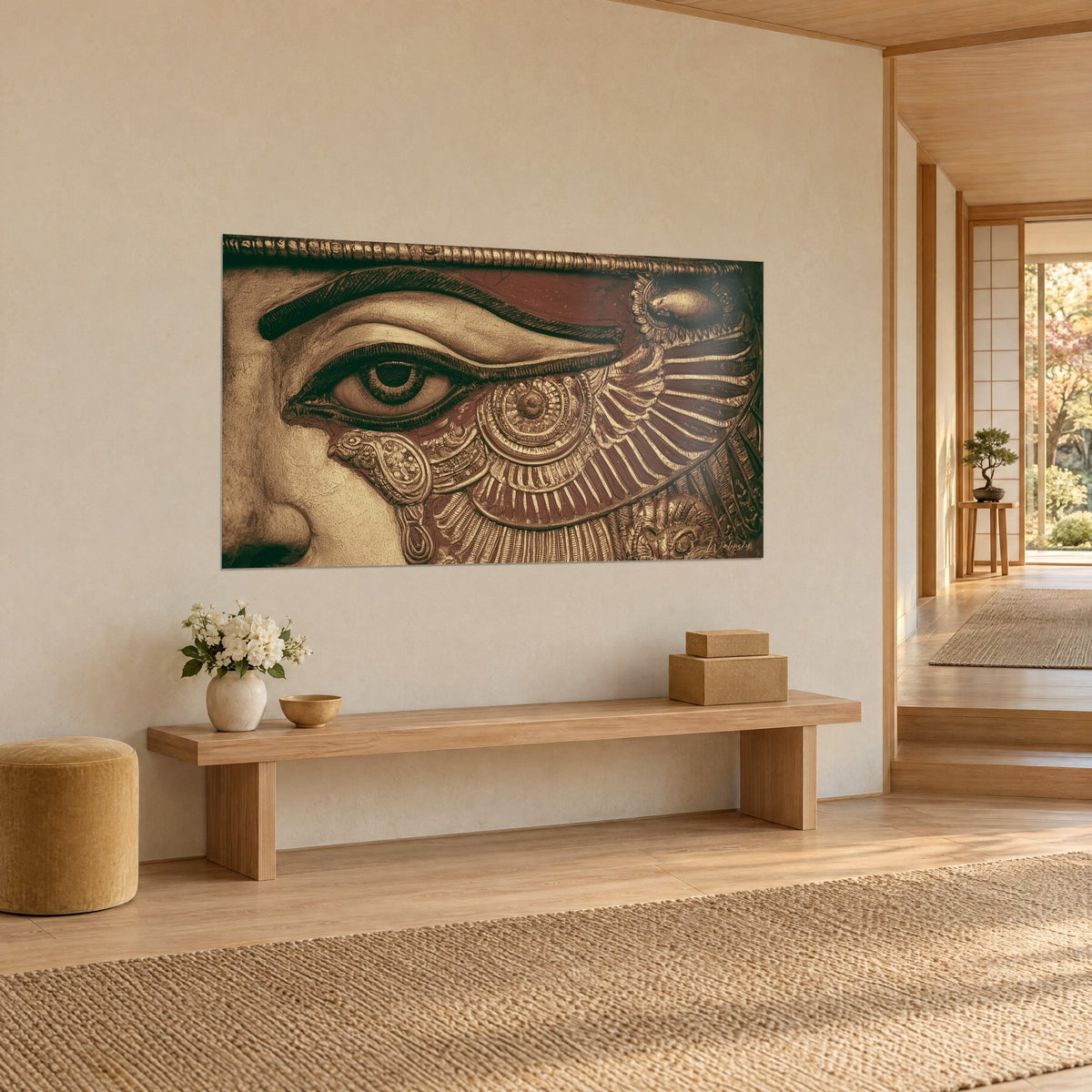 Wall art Pharaoh's gaze with chiselled feathers, bronze and rust, on a cream wall, light wood bench and japandi hallway