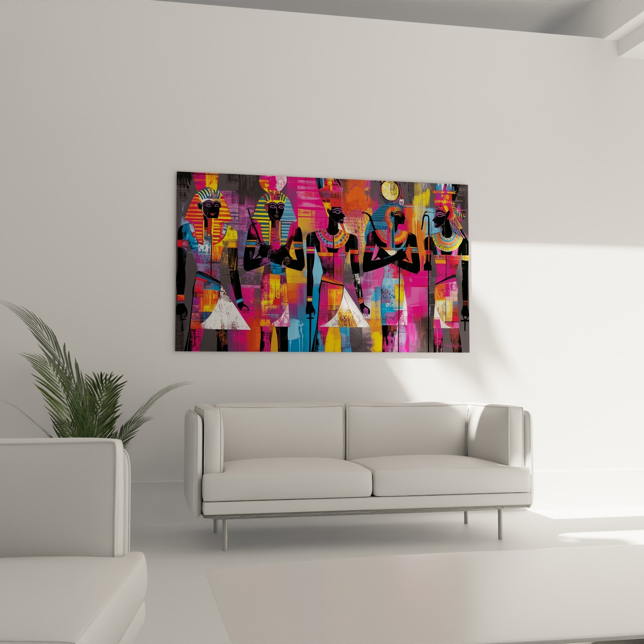 Pharaons colorés en orange et turquoise placés au-dessus d'un canapé dans un salon lumineux
