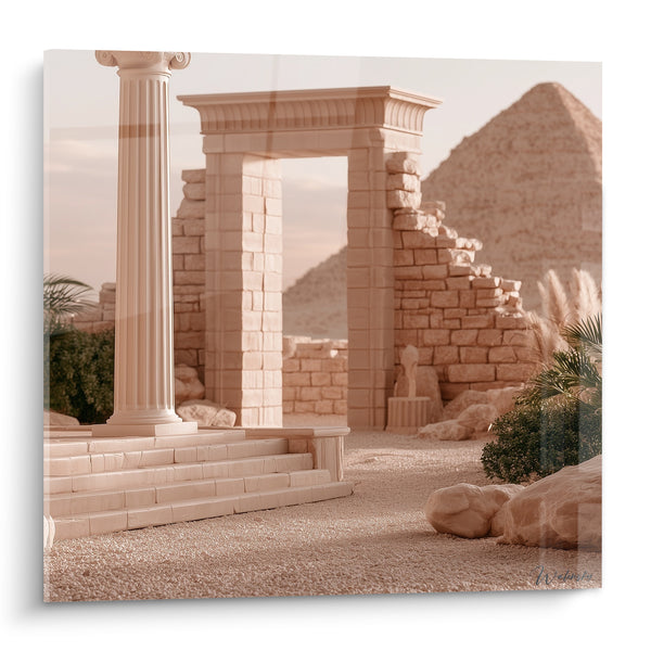 Tableau Portique de pierre beige et pyramide sable - Seuil du désert oublié - Edition egypte