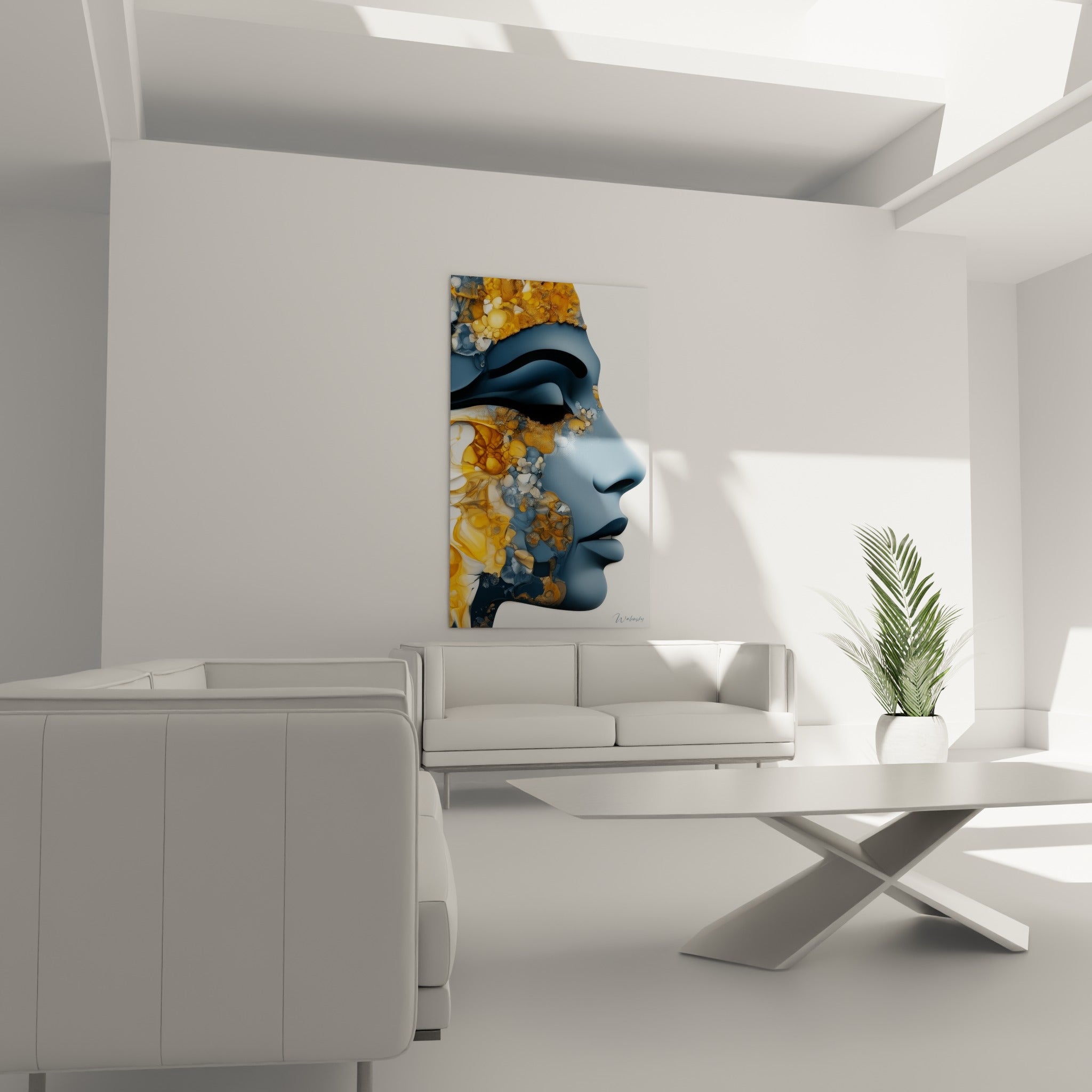 Portrait égyptien ocre et anthracite au-dessus d'un canapé dans un salon lumineux