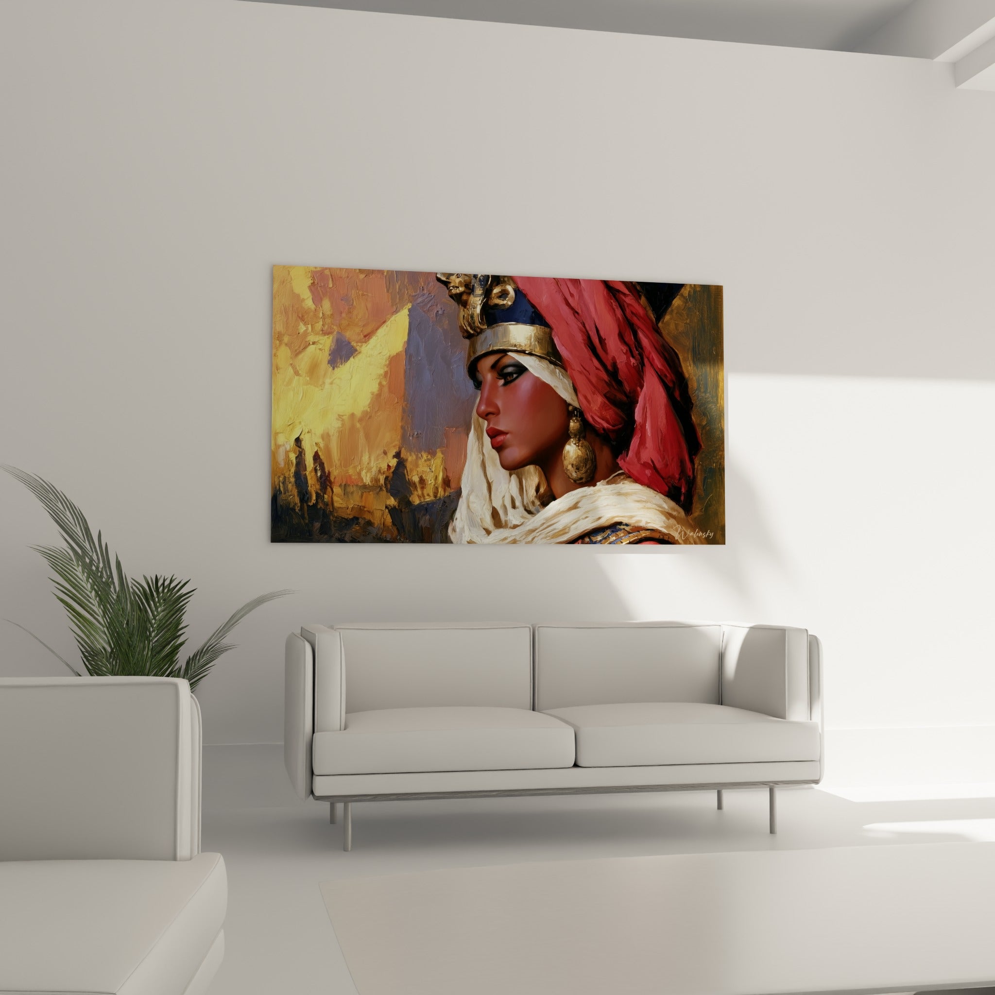 Portrait de reine antique aux tons ocre et bleu nuit placé au-dessus d'un canapé dans un salon lumineux