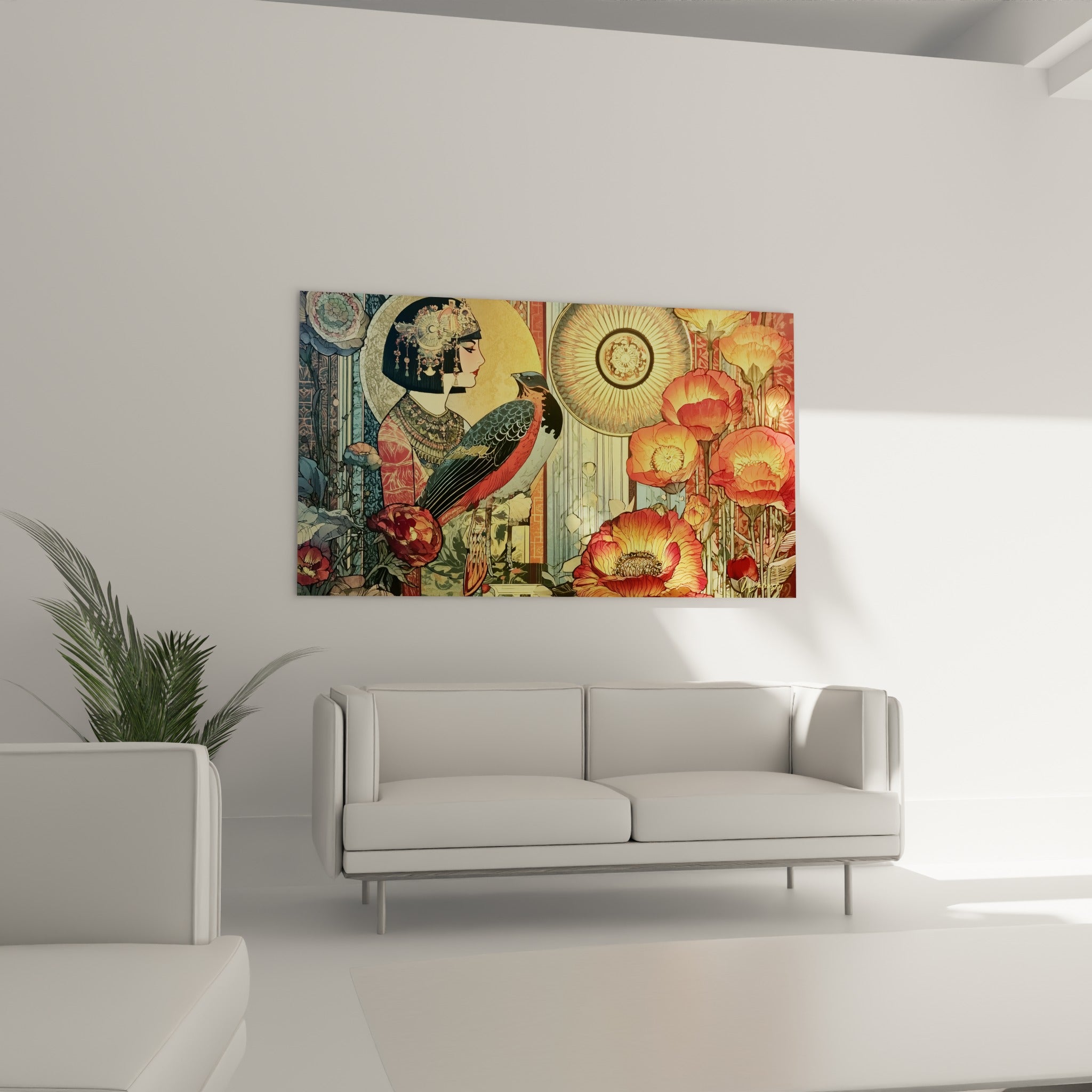 Coquelicots orangés et portrait antique ocre s'élèvent au-dessus d'un canapé dans un salon lumineux