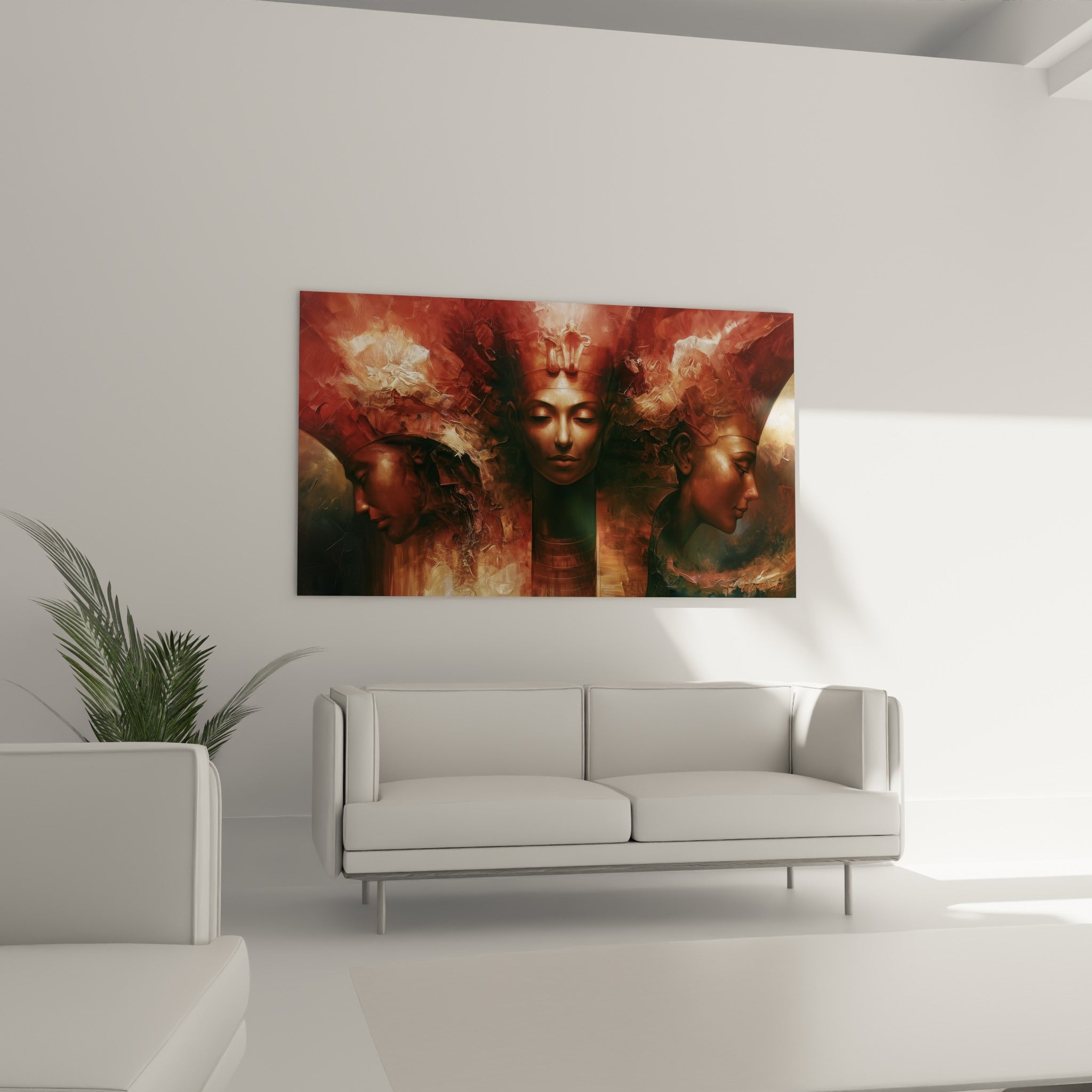 Portrait antique terracotta et anthracite au-dessus d'un canapé dans un salon lumineux
