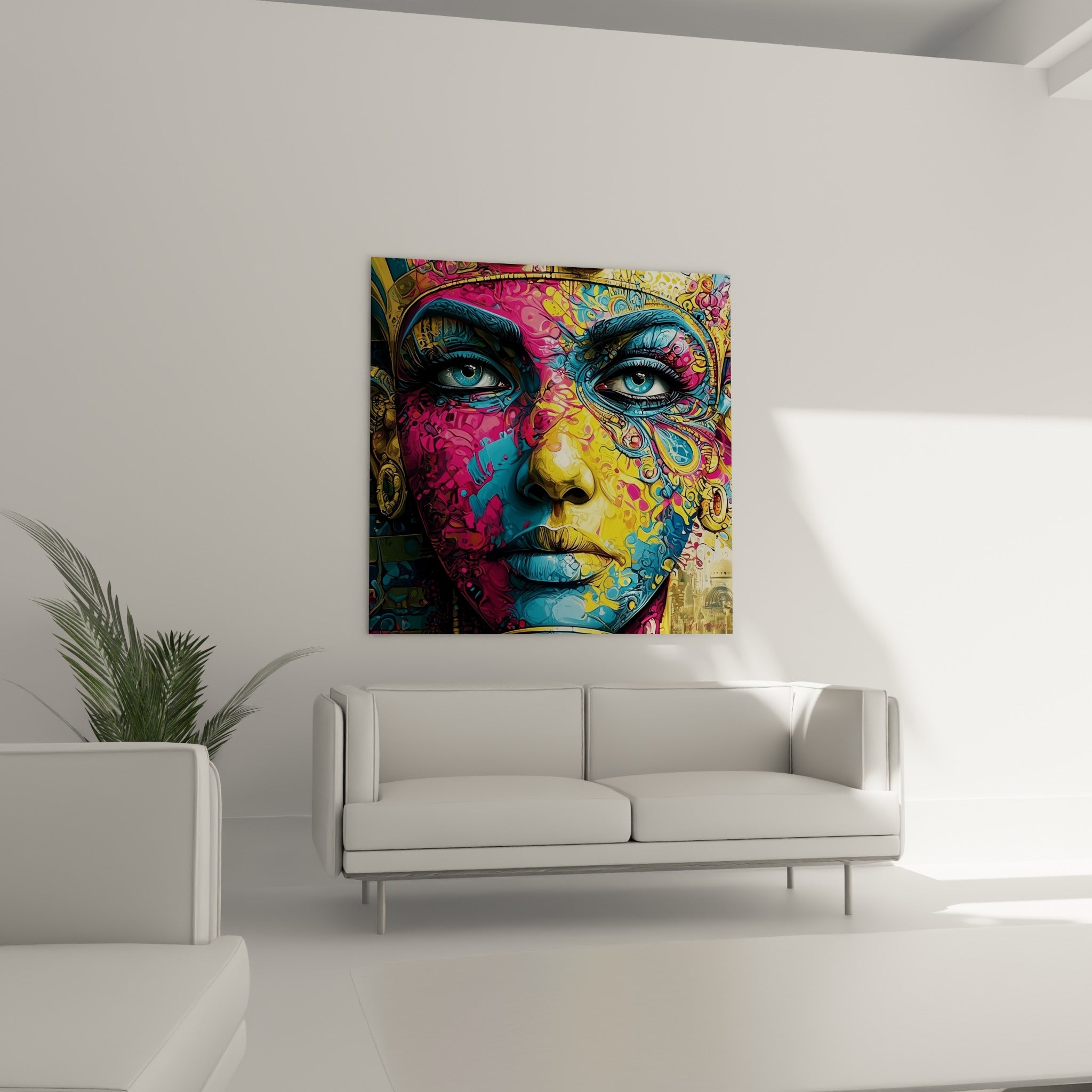 Portrait antique bleu et jaune vif positionné au-dessus d'un canapé dans un salon lumineux