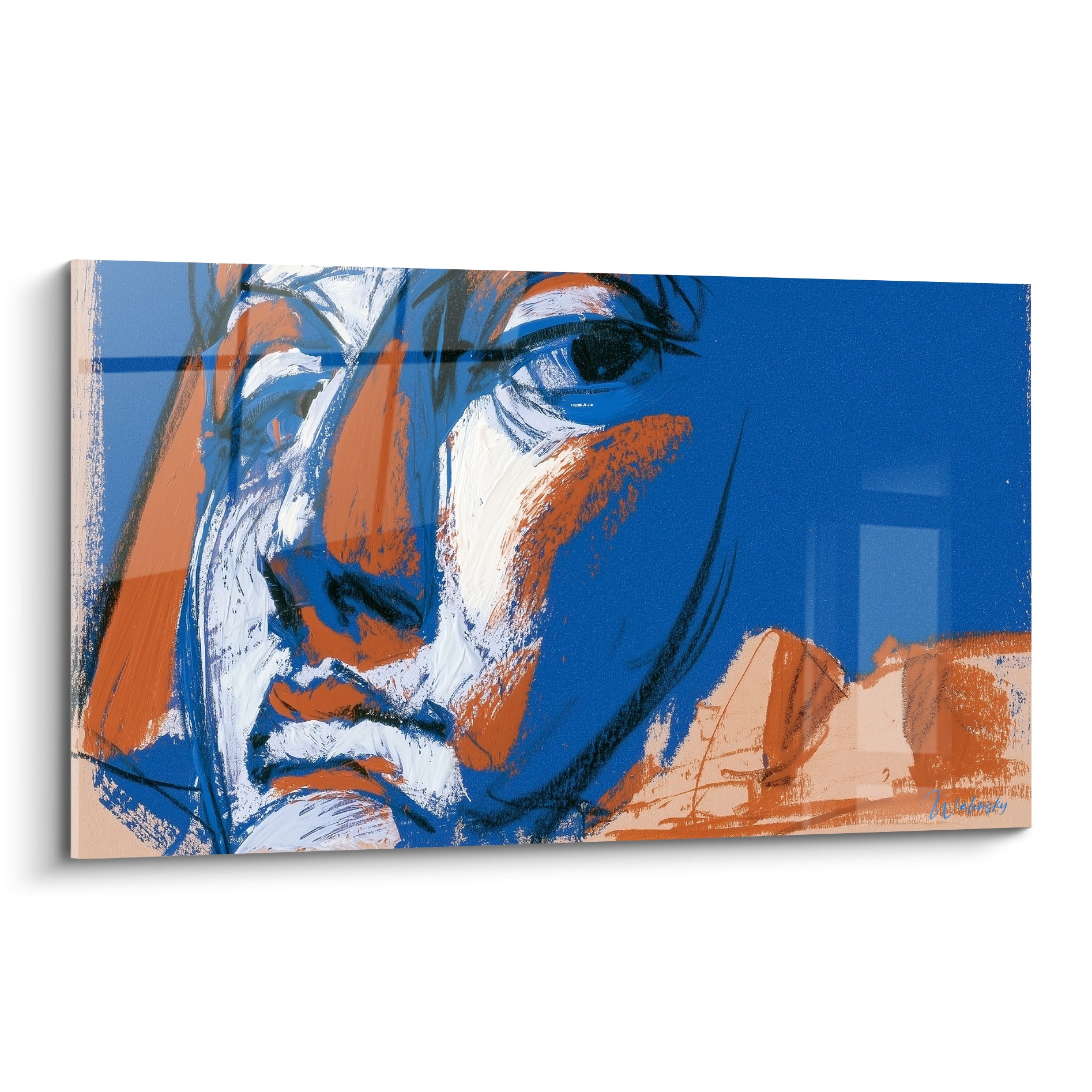 Visage esquissé en bleu marine et terracotta, regard grave, traits noirs gestuels et intenses