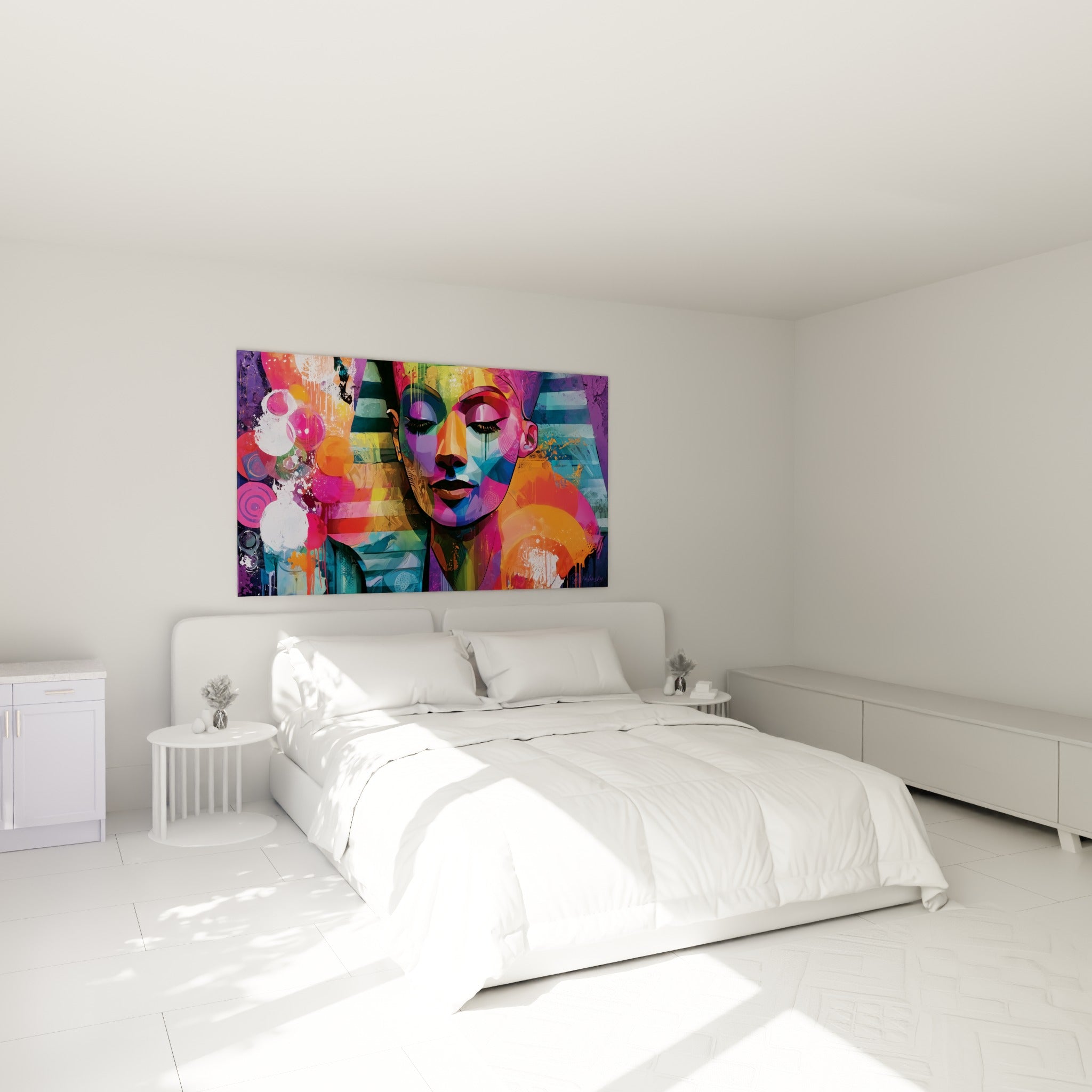 Portrait égyptien coloré rose et turquoise accroché au-dessus d'un lit dans une chambre claire