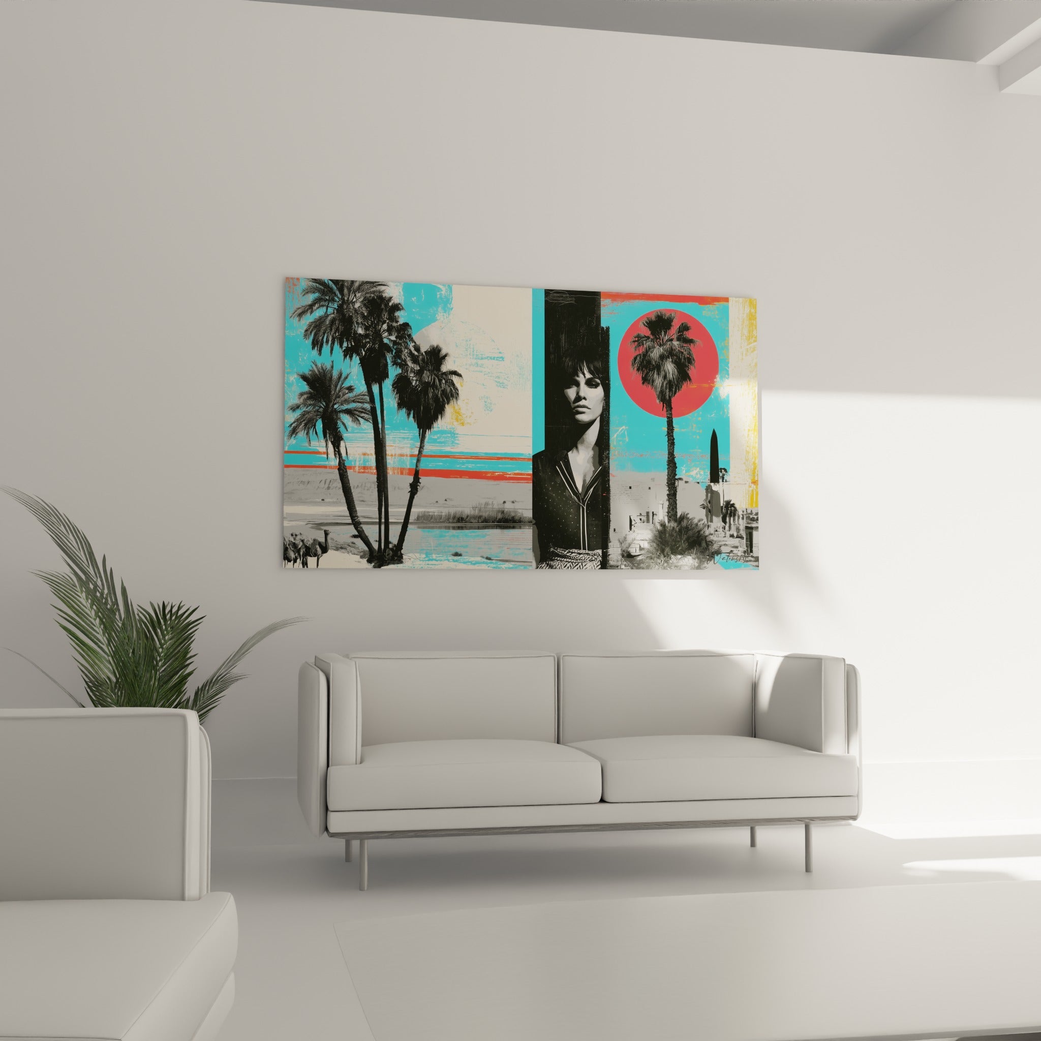 Portrait féminin noir et blanc entre oasis turquoise et obélisque au-dessus d'un canapé dans un salon lumineux