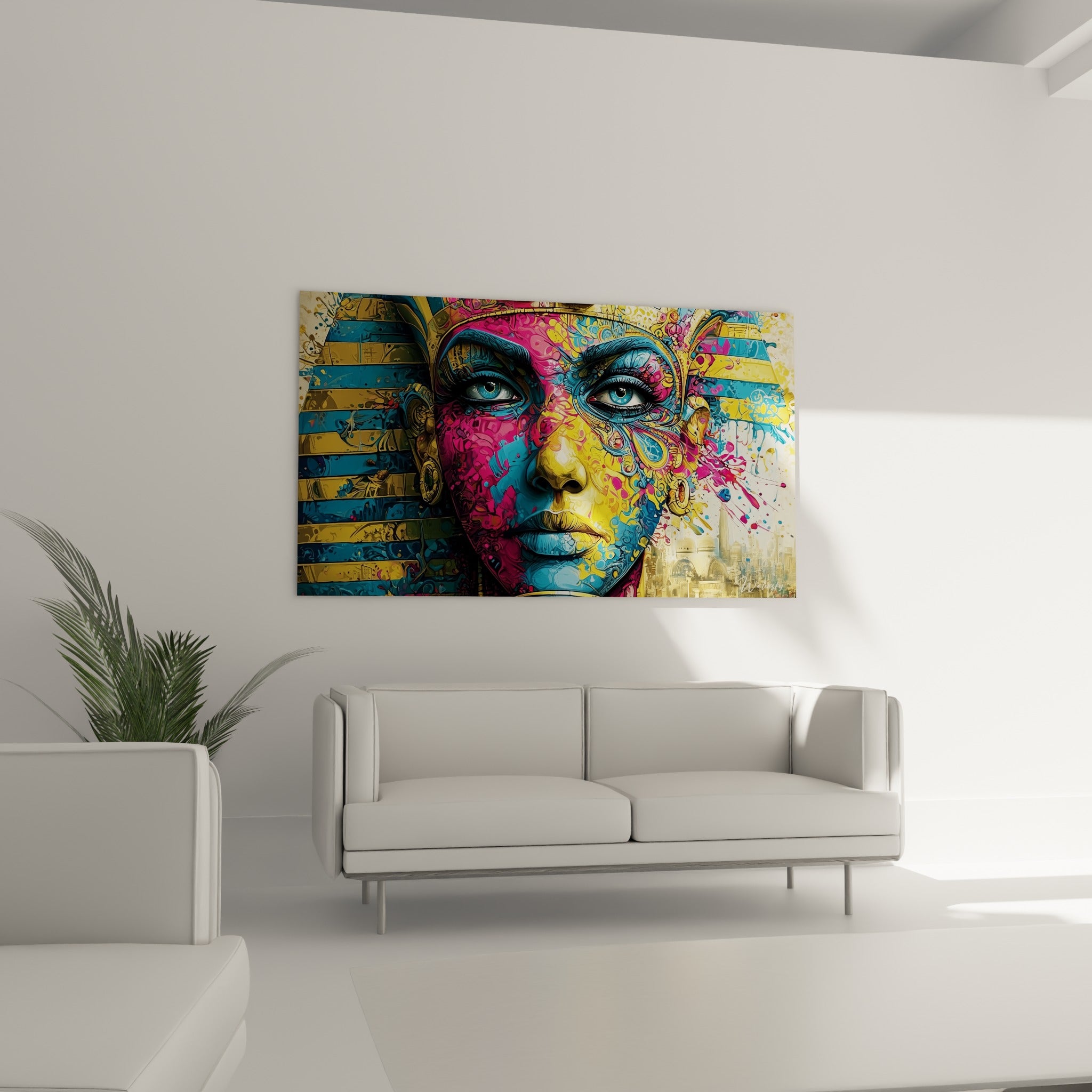 Portrait egypte coloré aux teintes turquoise et rose suspendu au-dessus d'un canapé dans un salon lumineux