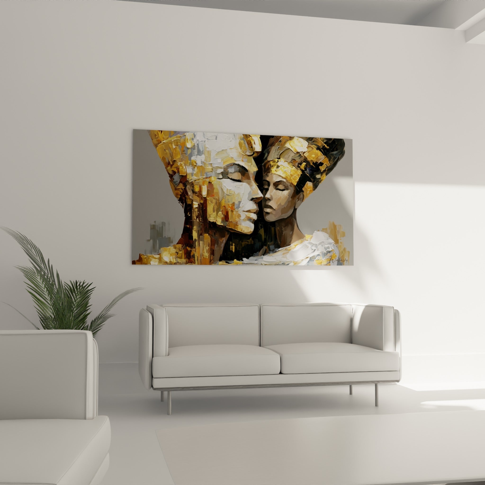 Portrait doré et blanc de figures égyptiennes affiché au-dessus d'un canapé dans un salon lumineux