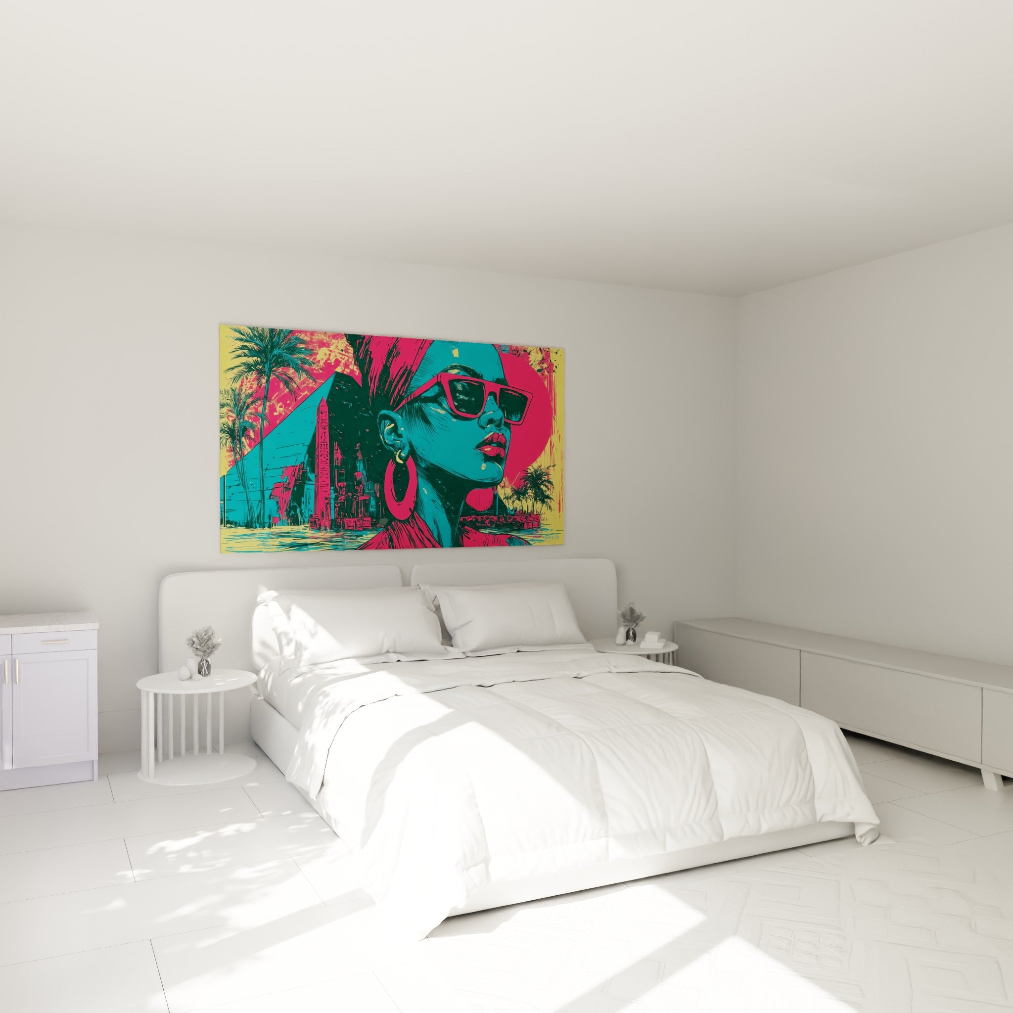 Silhouette égyptienne turquoise et rose accrochée au-dessus d'un lit dans une chambre claire