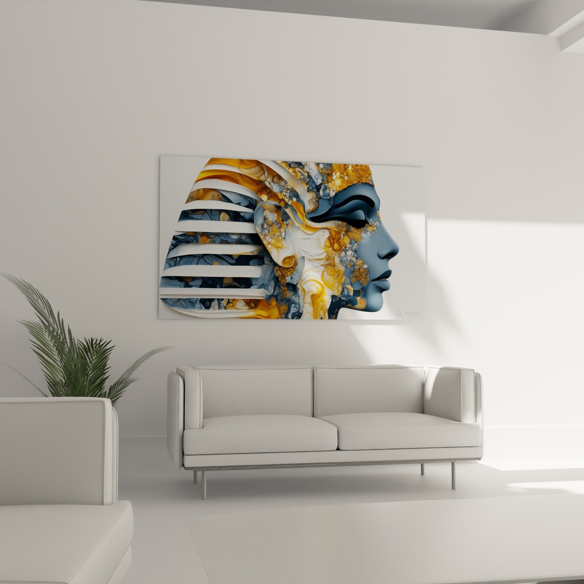 Portrait égyptien stylisé en bleu marine et doré, disposé au-dessus d'un canapé dans un salon lumineux