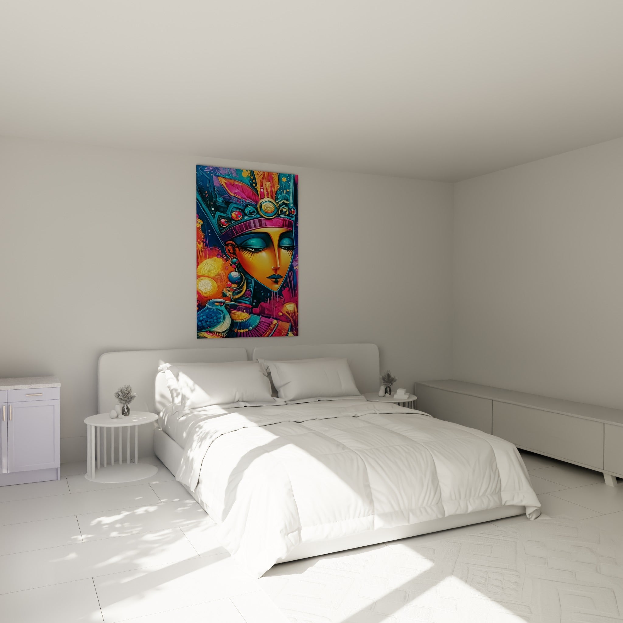 Portrait égyptien doré et bleu turquoise accroché au-dessus d'un lit dans une chambre claire
