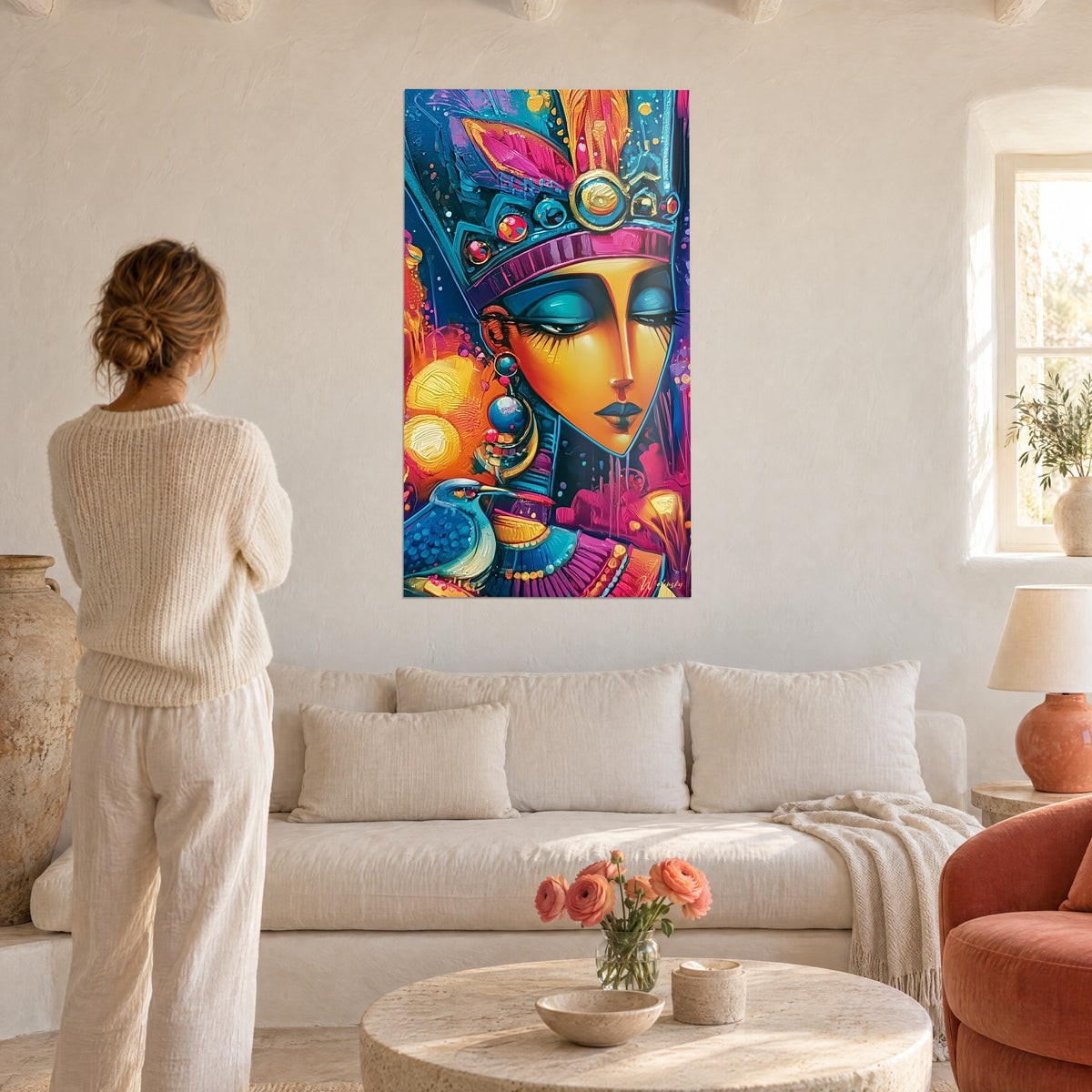 Schilderij van een Egyptische koningin met gesloten oogleden, turquoise en fuchsia hoofdtooi, gouden gezicht, boven een bank in een lichte woonkamer