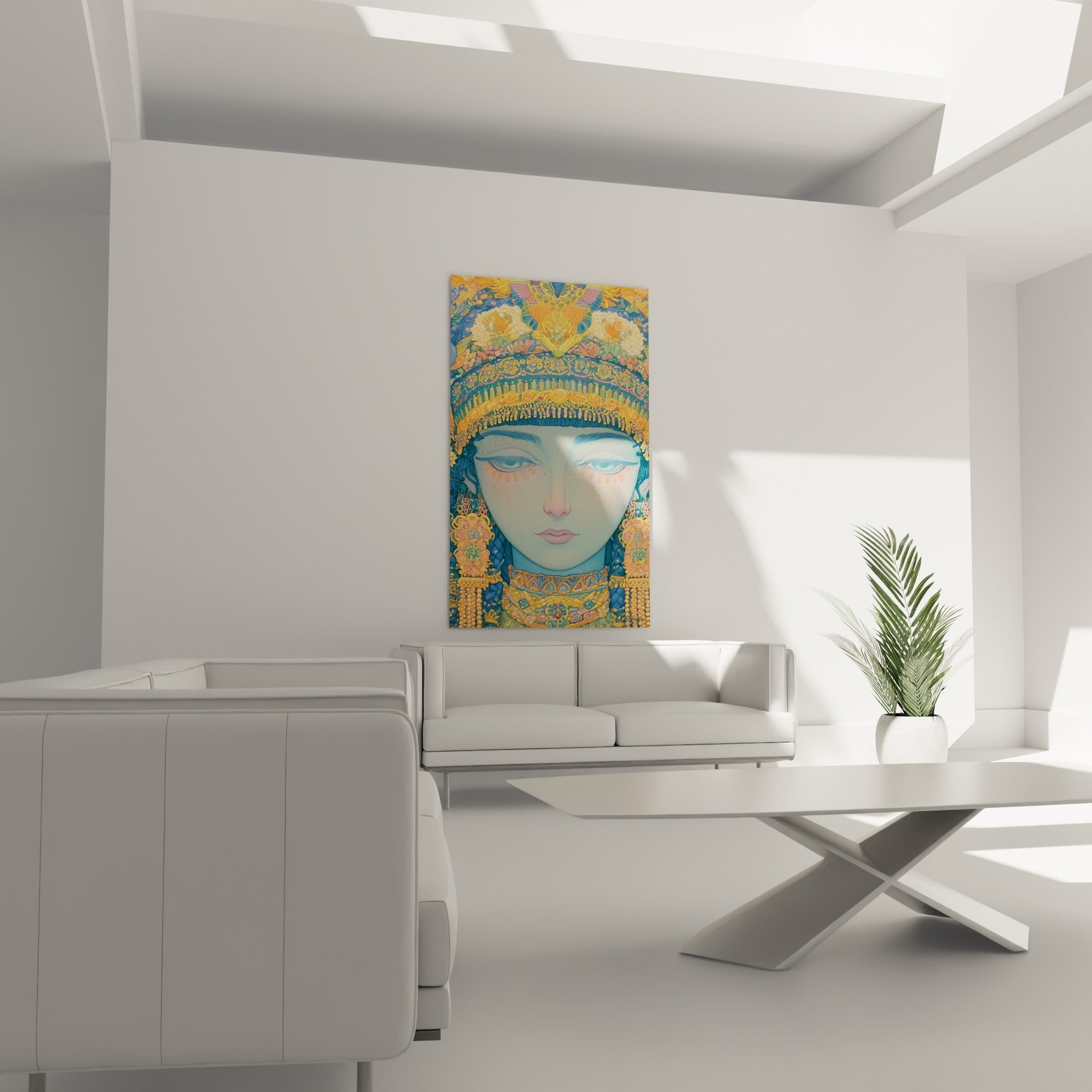 Portrait égyptien turquoise et ocre paré de fleurs, au-dessus d'un canapé dans un salon lumineux
