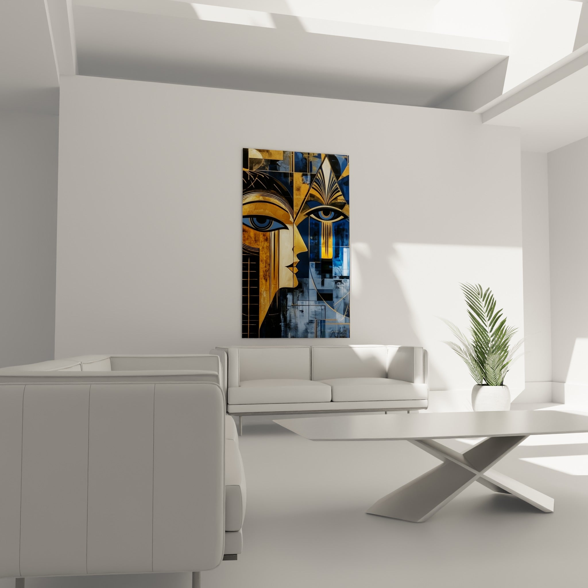Portrait pharaonique bleu nuit et ocre au style cubiste, suspendu au-dessus d'un canapé dans un salon lumineux