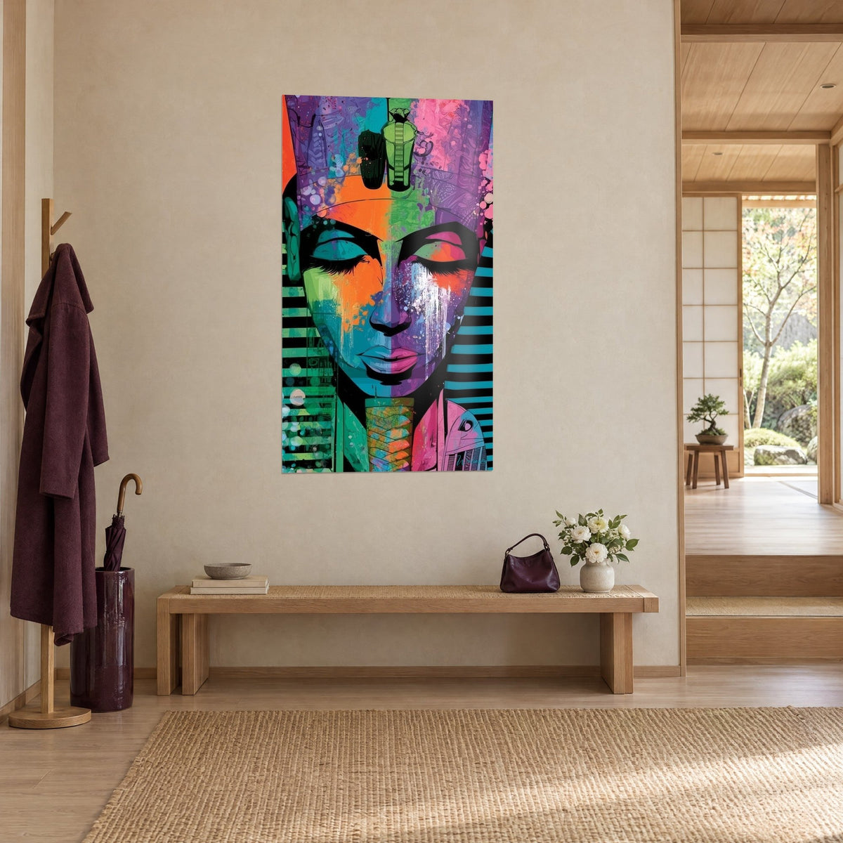Wall art Egyptian queen's face crowned in turquoise and orange, green cobra on the forehead, in a light wood japandi hallway