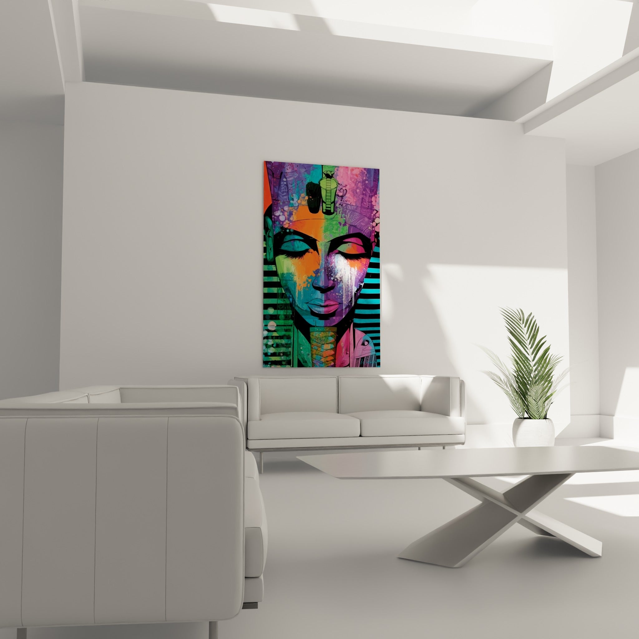 Portrait égyptien coloré aux tons rose et bleu accroché au-dessus d'un canapé dans un salon lumineux