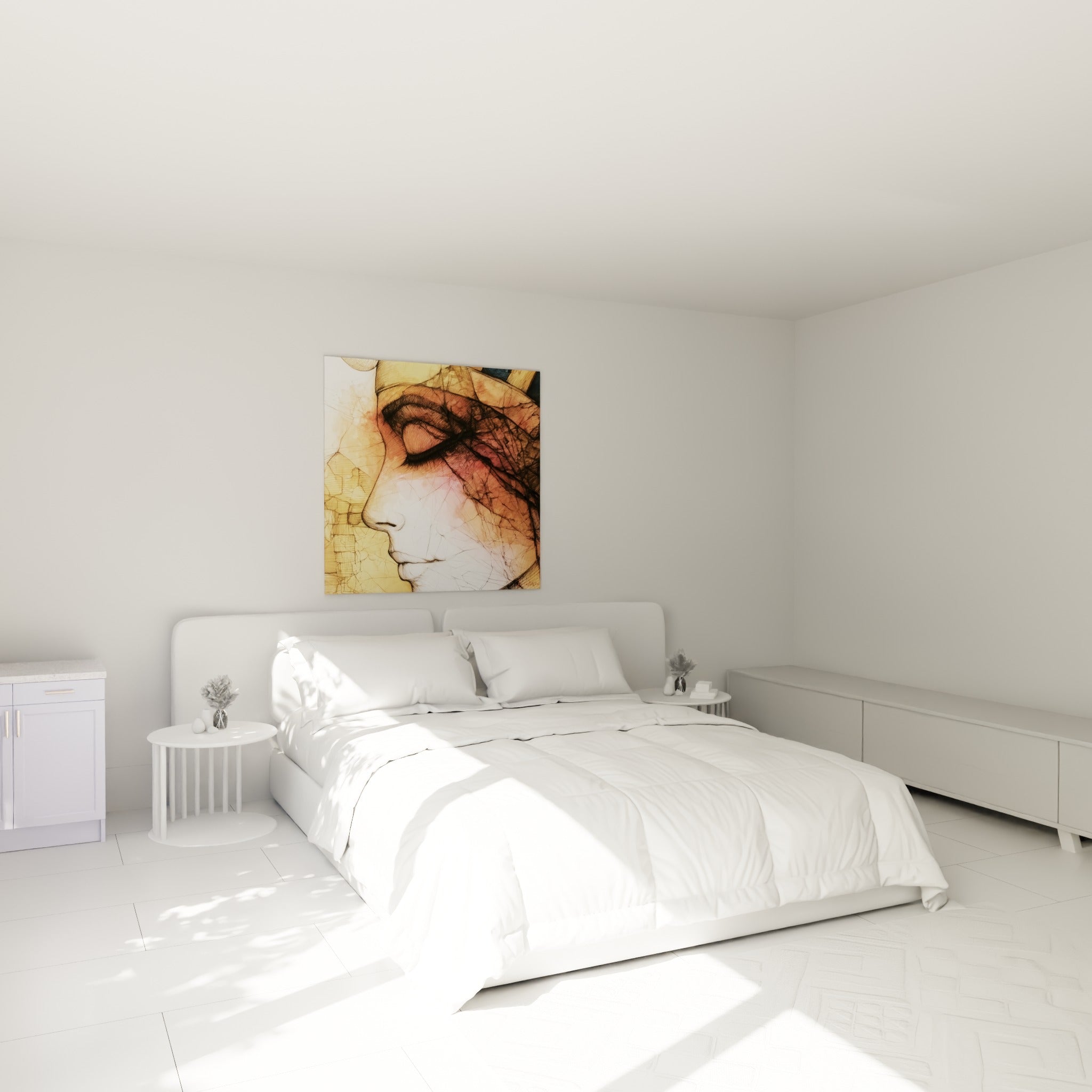 Profil pharaonique ocre et rose accroché au-dessus d'un lit dans une chambre claire