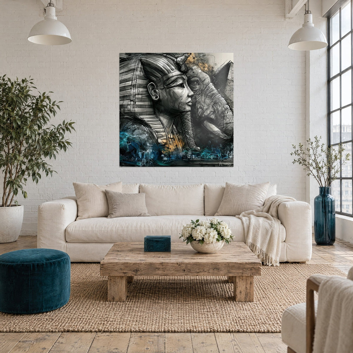 Wall art Egyptian pharaoh in striped nemes with long-trunked elephant, charcoal grey and turquoise blue, above a sofa in a bright living room