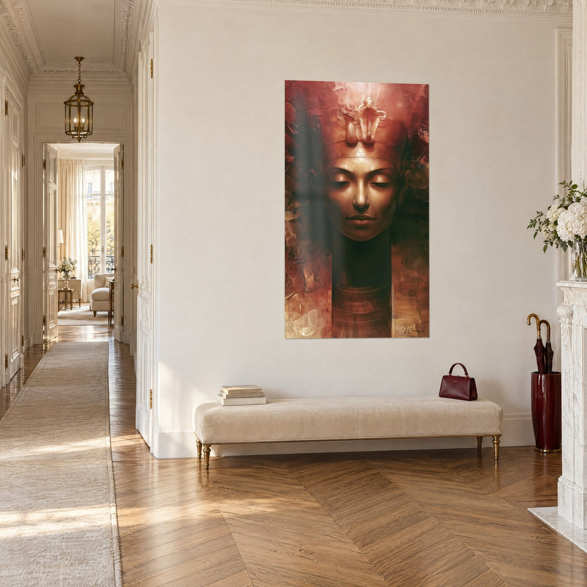 Wall art of a serene pharaoh's face, cobra red and burnished gold, neck in striped bands, three-quarter view in a Haussmann-style hallway