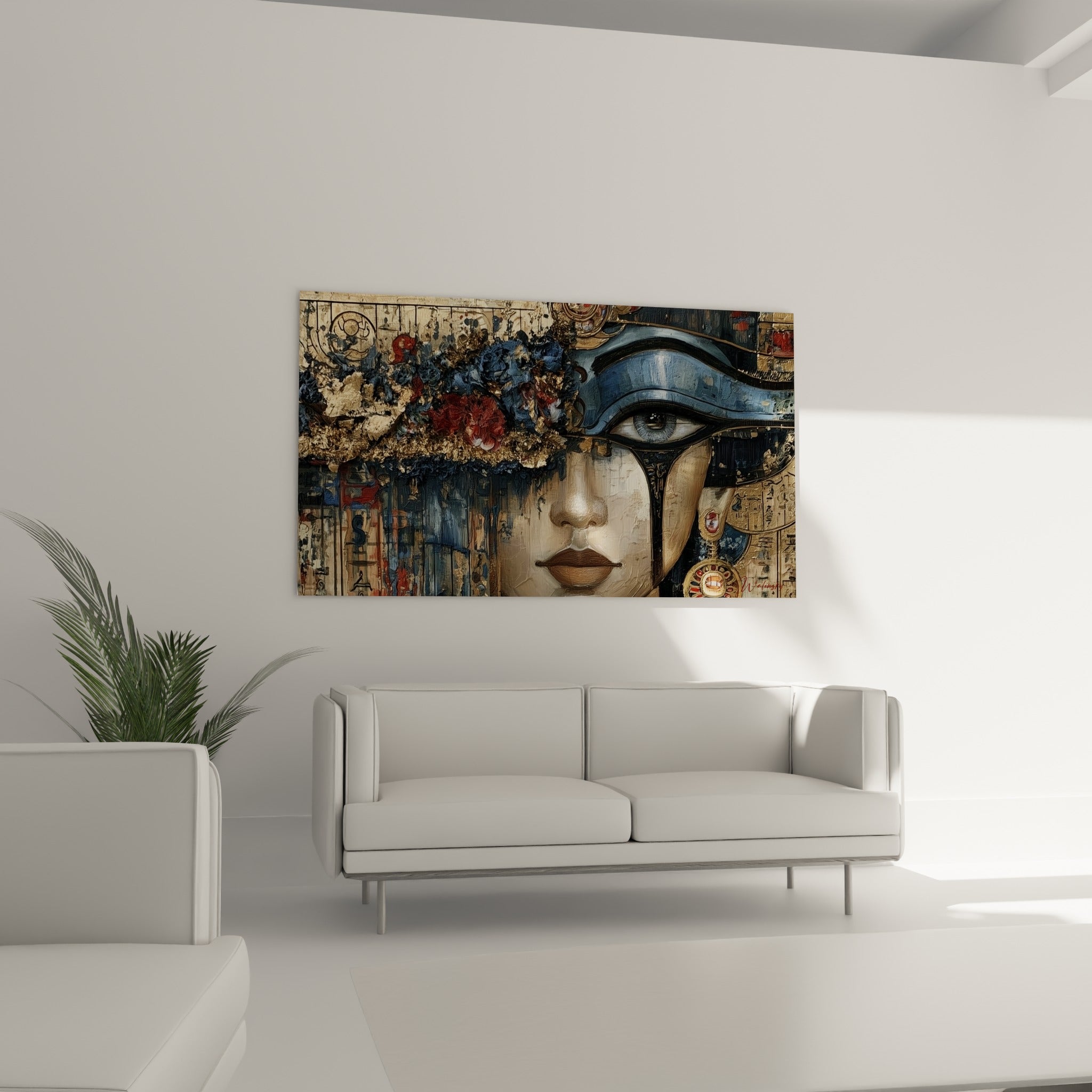 Œil d'Horus bleu et visage doré peints en relief au-dessus d'un canapé dans un salon lumineux