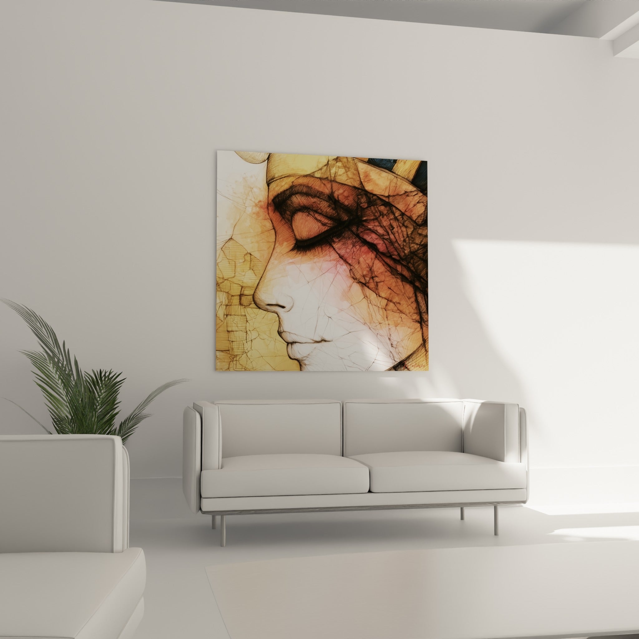 Portrait égyptien brun et bleu marine disposé au-dessus d'un canapé dans un salon lumineux