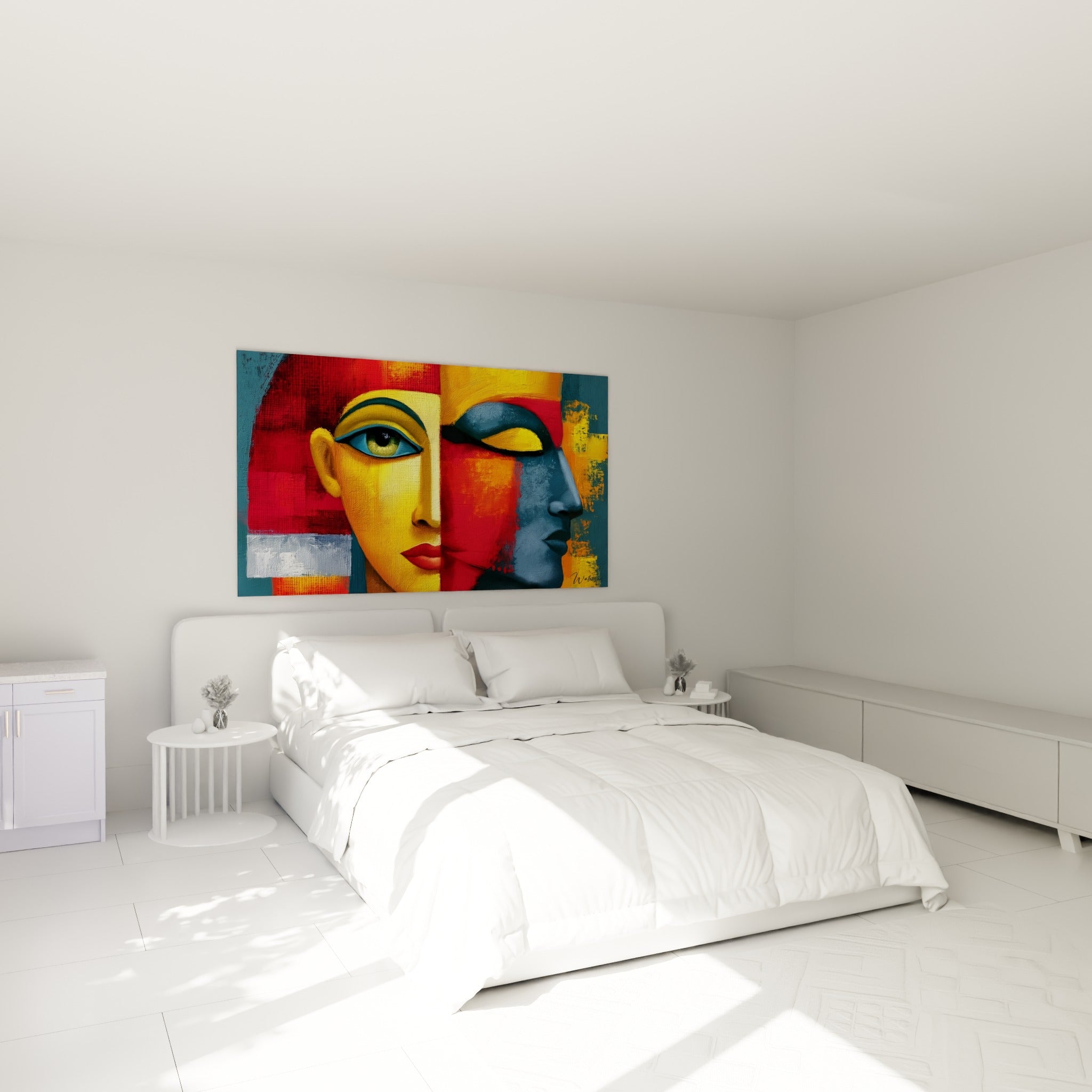 Profil doré et bleu pétrole d'un visage antique égyptien accroché au-dessus d'un lit dans une chambre claire