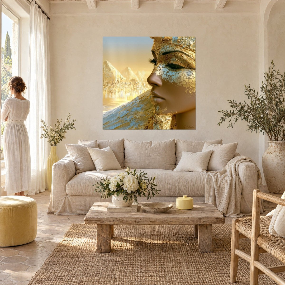 Quadro profilo di faraona con palpebre chiuse, oro craquelé e azzurro pallido, piramidi dorate, sopra un divano in un soggiorno luminoso