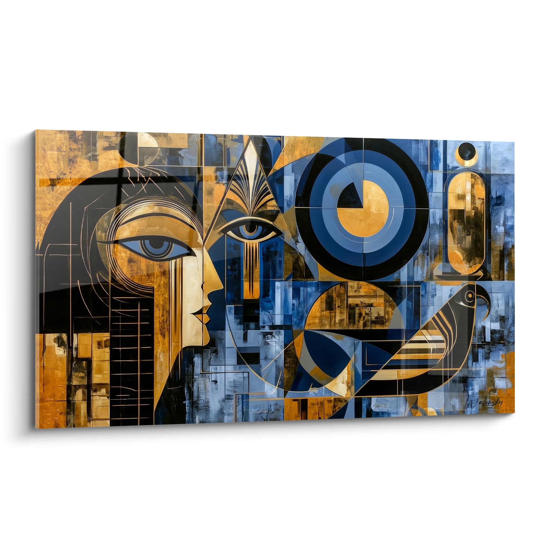 Profil pharaonique doré et bleu marine avec faucon sacré, style géométrique égyptien