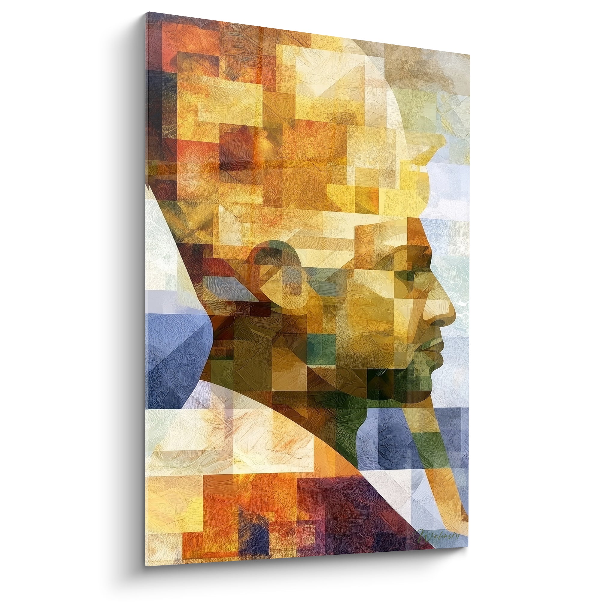Profil pharaonique doré et bleu en mosaïque géométrique, visage antique fragmenté avec relief texturé