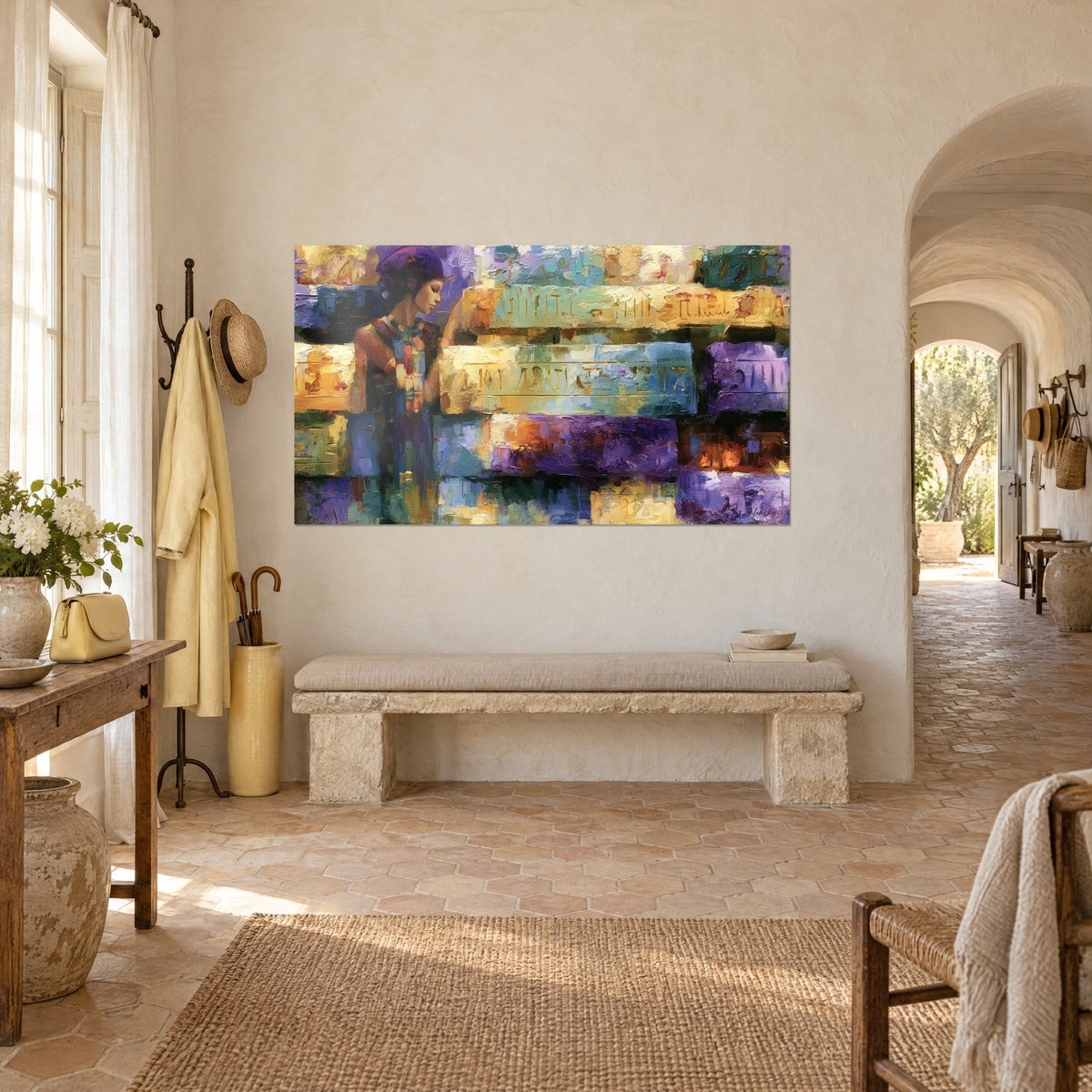 Wall art Pharaonic woman with a colourful necklace, hieroglyphic stones in butter yellow and blue, on a white wall beside an archway