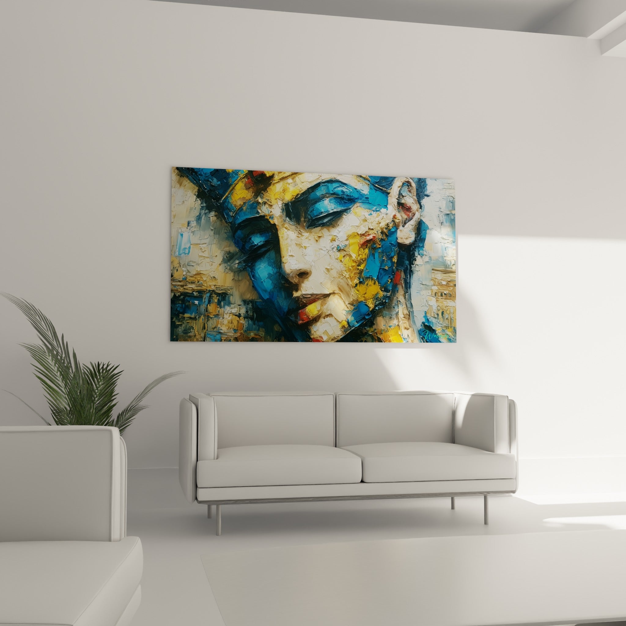 Profil doré aux paupières bleues, tableau égyptien au-dessus d'un canapé dans un salon lumineux