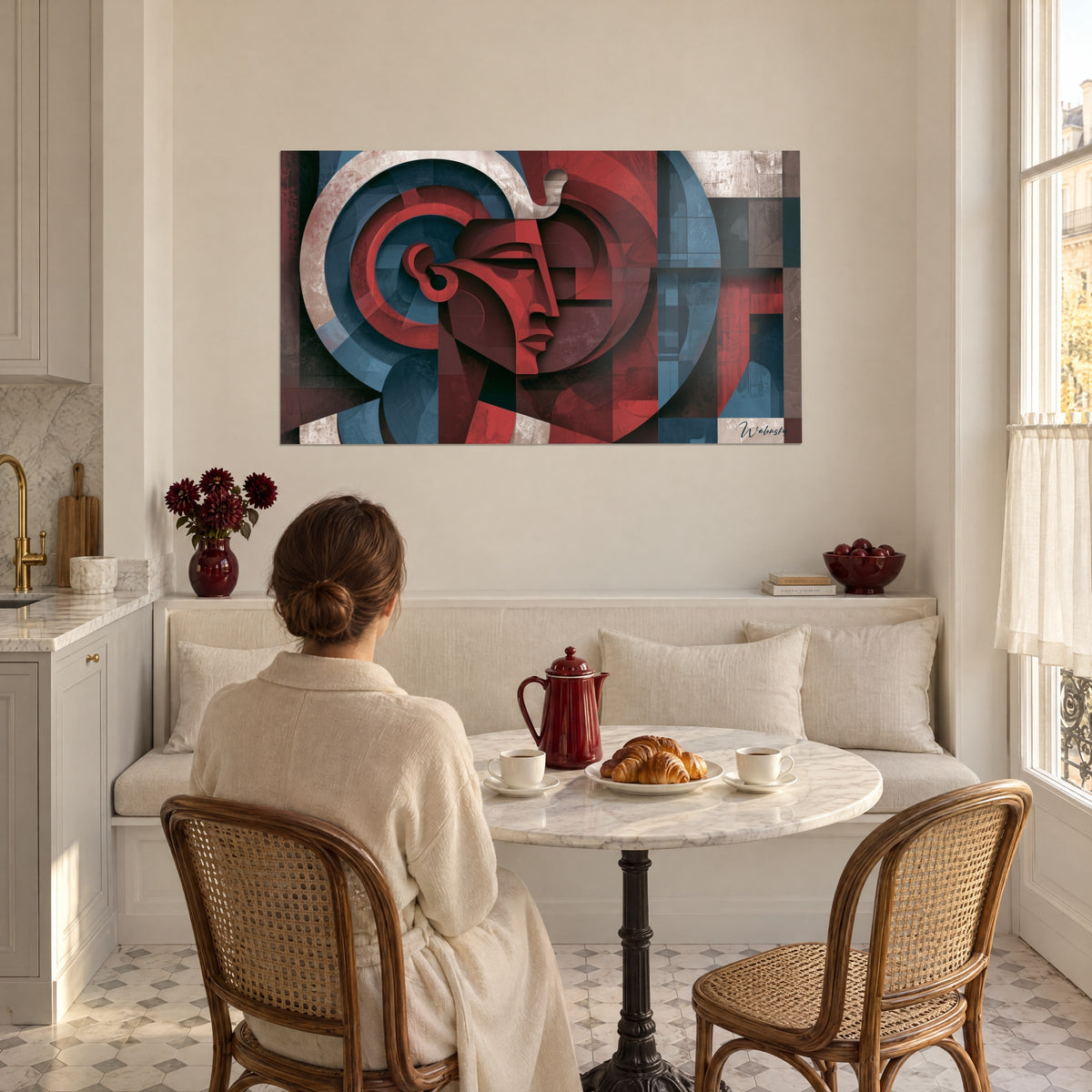 Cuadro soberano estilizado de Egipto, mejillas rojo ladrillo y fondo azul acero, arcos beige, frente a una mujer sentada desayunando