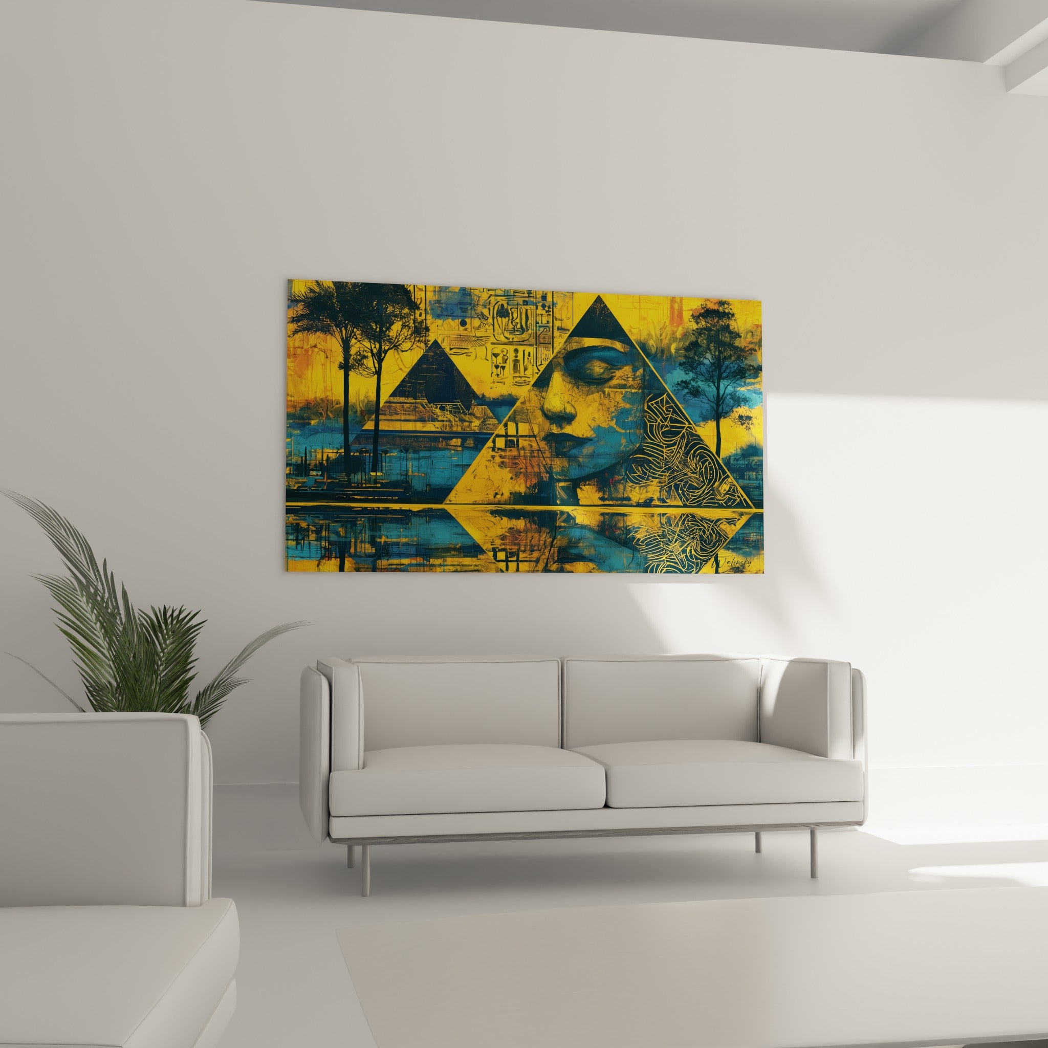 Profil égyptien ocre et pyramide antique bleu profond au-dessus d'un canapé dans un salon lumineux