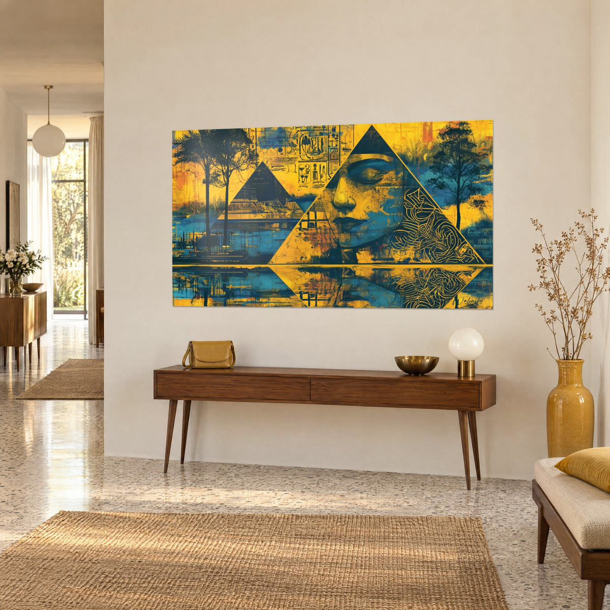 Cuadro de jeroglíficos y palmeras oscuras sobre fondo amarillo azafrán, reflejo turquesa del Nilo, consola de madera cálida y jarrón dorado
