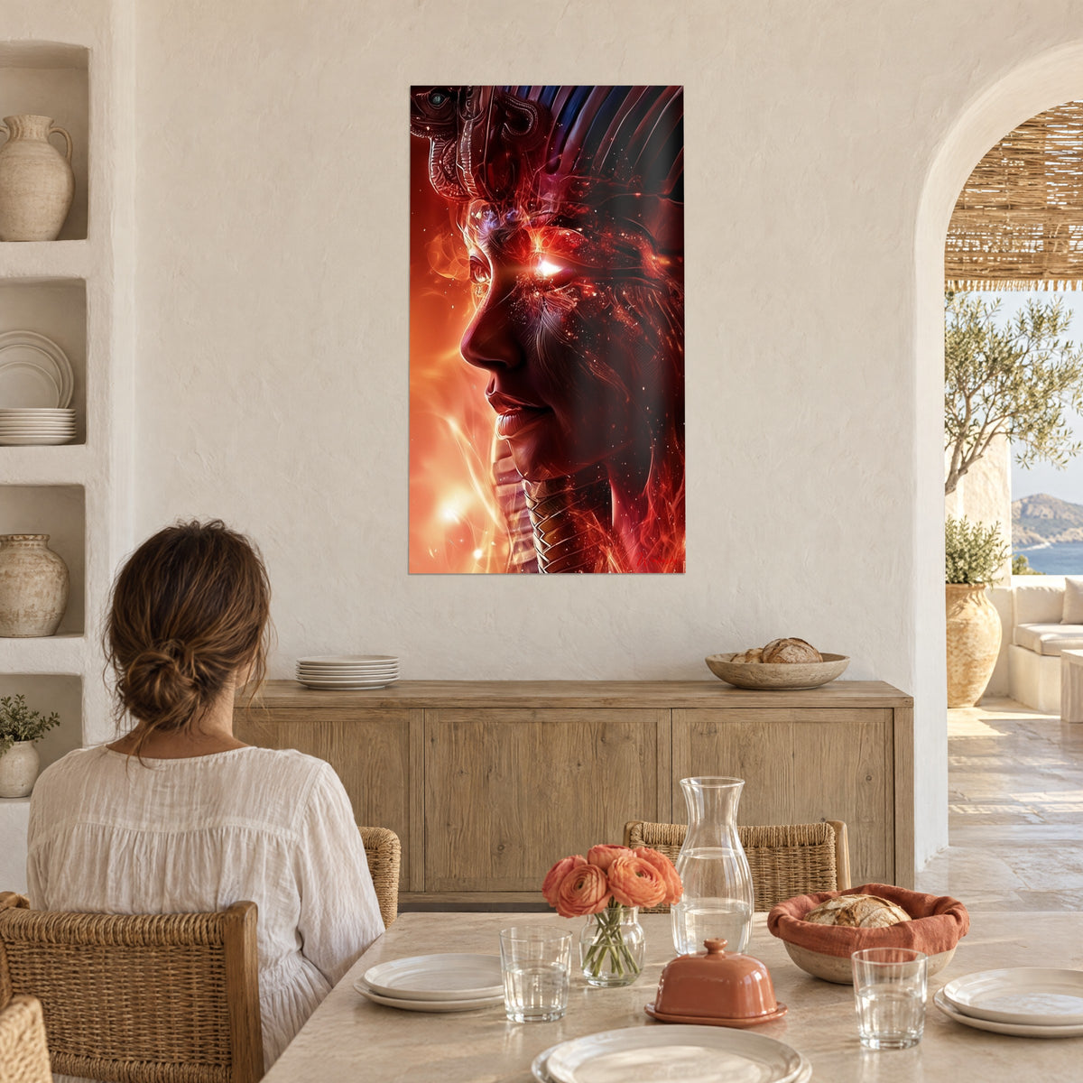 Tableau masque pharaonique embrasé, teintes rubis et orange, éclats lumineux, face à une table dressée dans une maison méditerranéenne