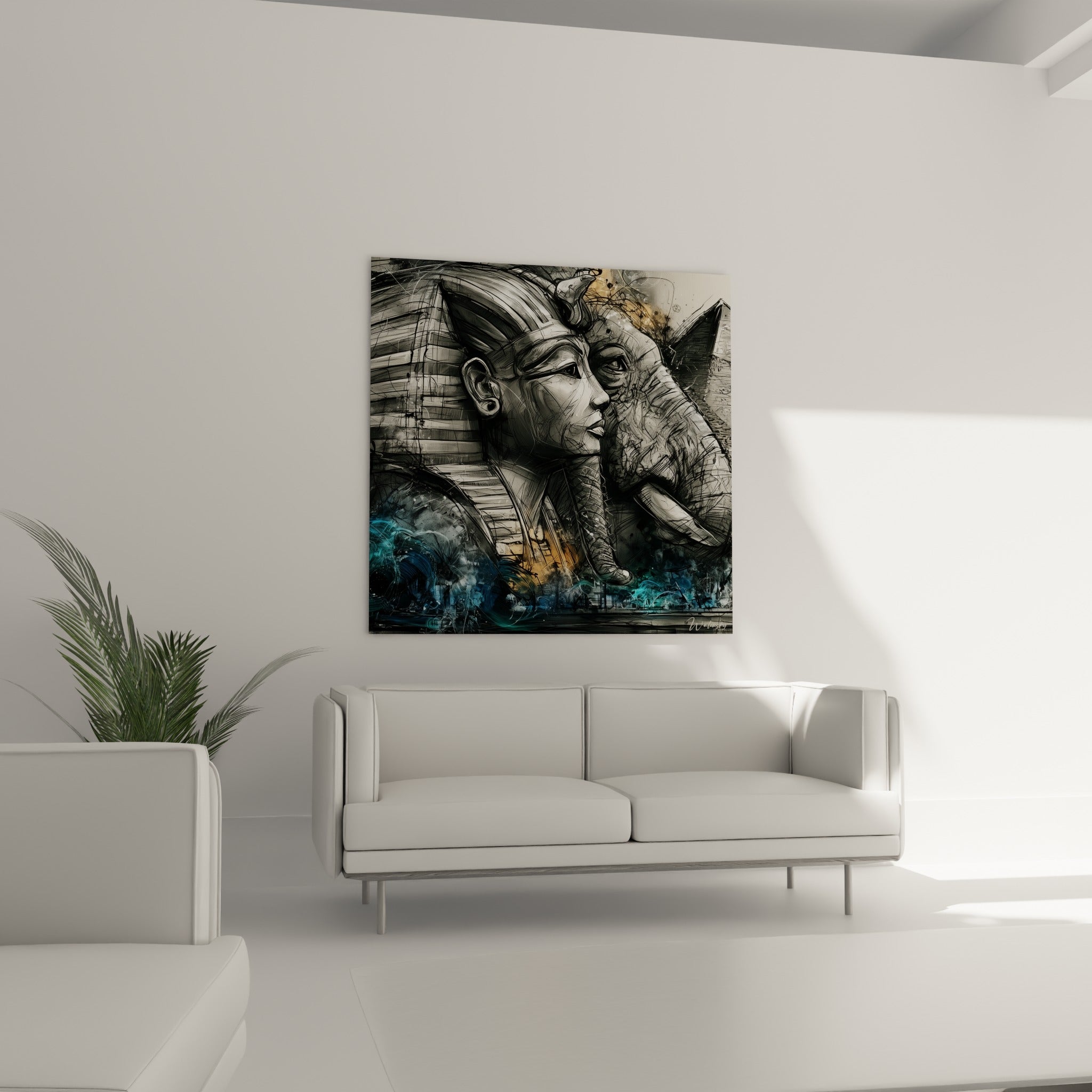 Portrait de pharaon égyptien fusionné à un éléphant noir et bleu turquoise, au-dessus d'un canapé dans un salon lumineux
