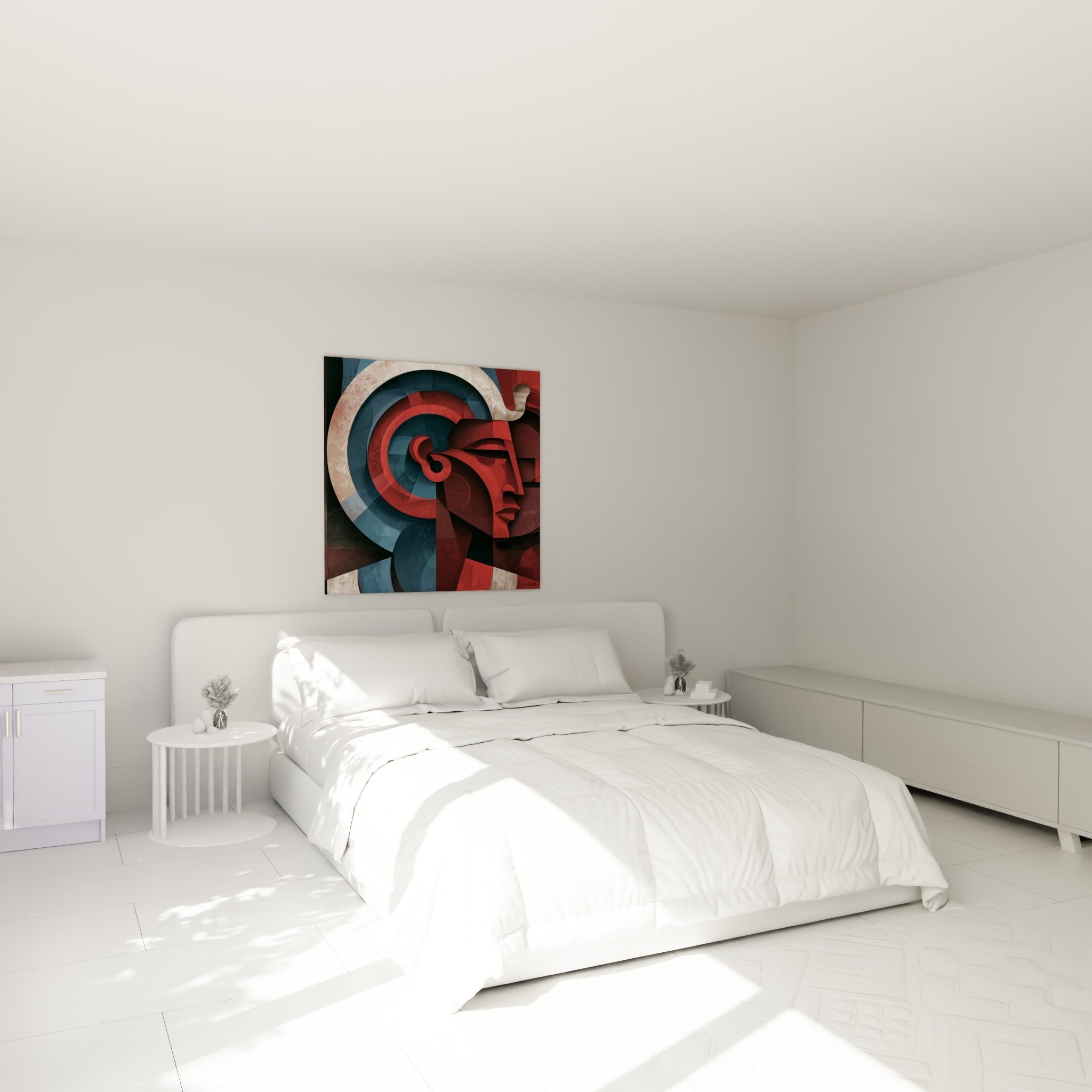 Pharaon géométrique rouge et bleu marine placé au-dessus d'un lit dans une chambre claire